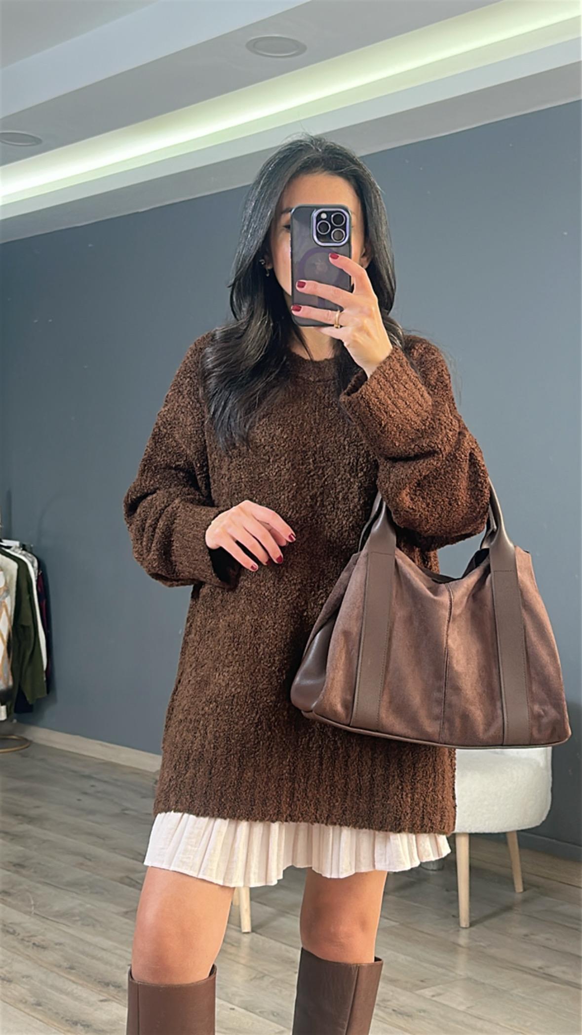 Kahve Bisiklet Yaka Buklet Kazak