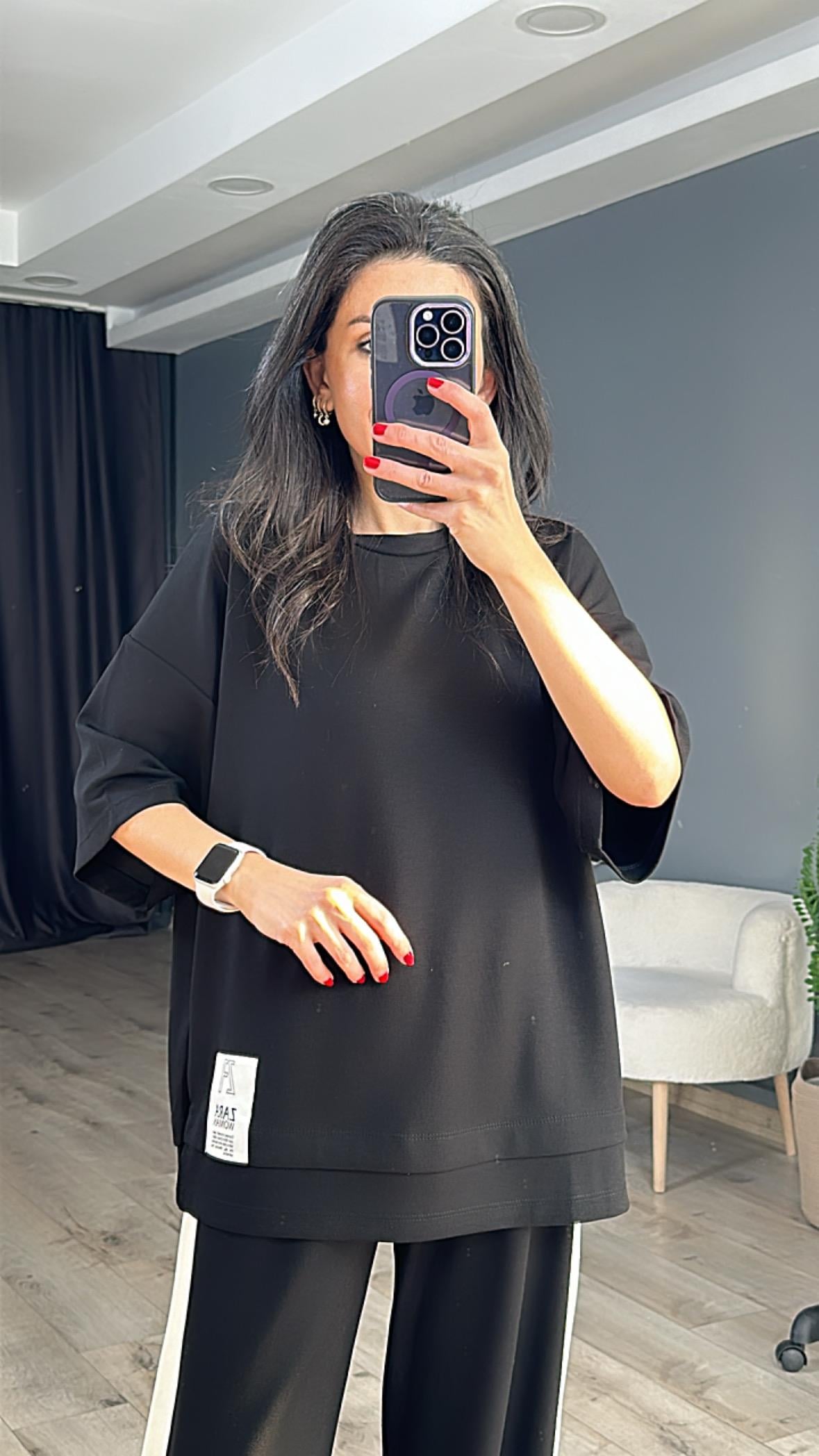 Siyah Modal Kumaş Zr Amblemli Bisiklet Yaka Salaş T-Shirt
