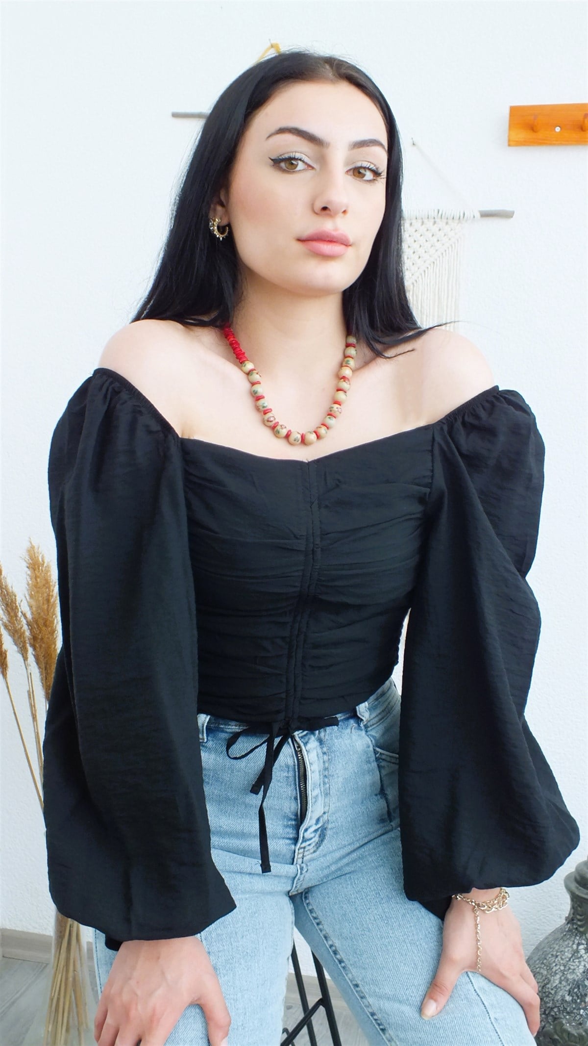 Siyah Vual Büzgülü Balon Kol Bluz