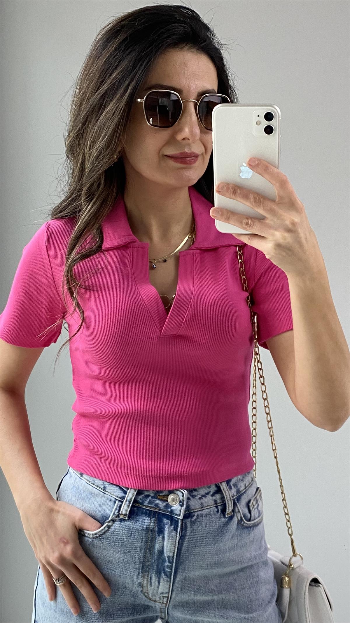 Fuşya Polo Yaka Kaşkorse Bluz
