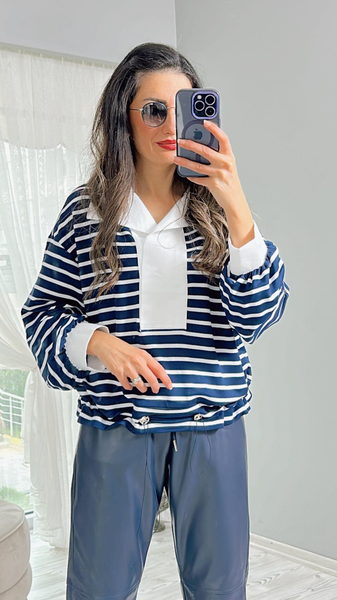 Lacivert Çizgili Gömlek Yaka Büzgü Detaylı Sweatshirt