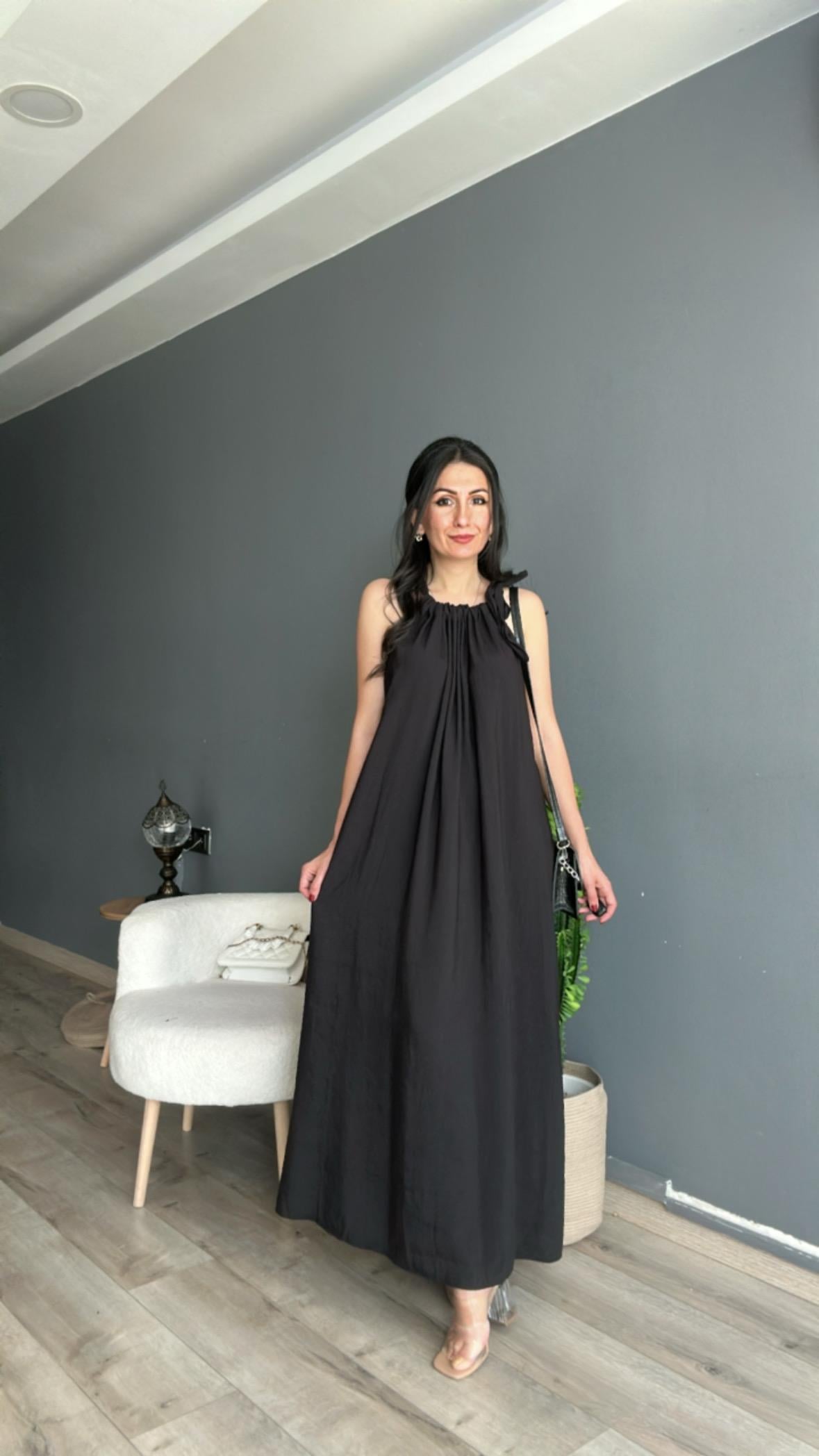 Siyah Boyun Bağlamalı Modal Elbise