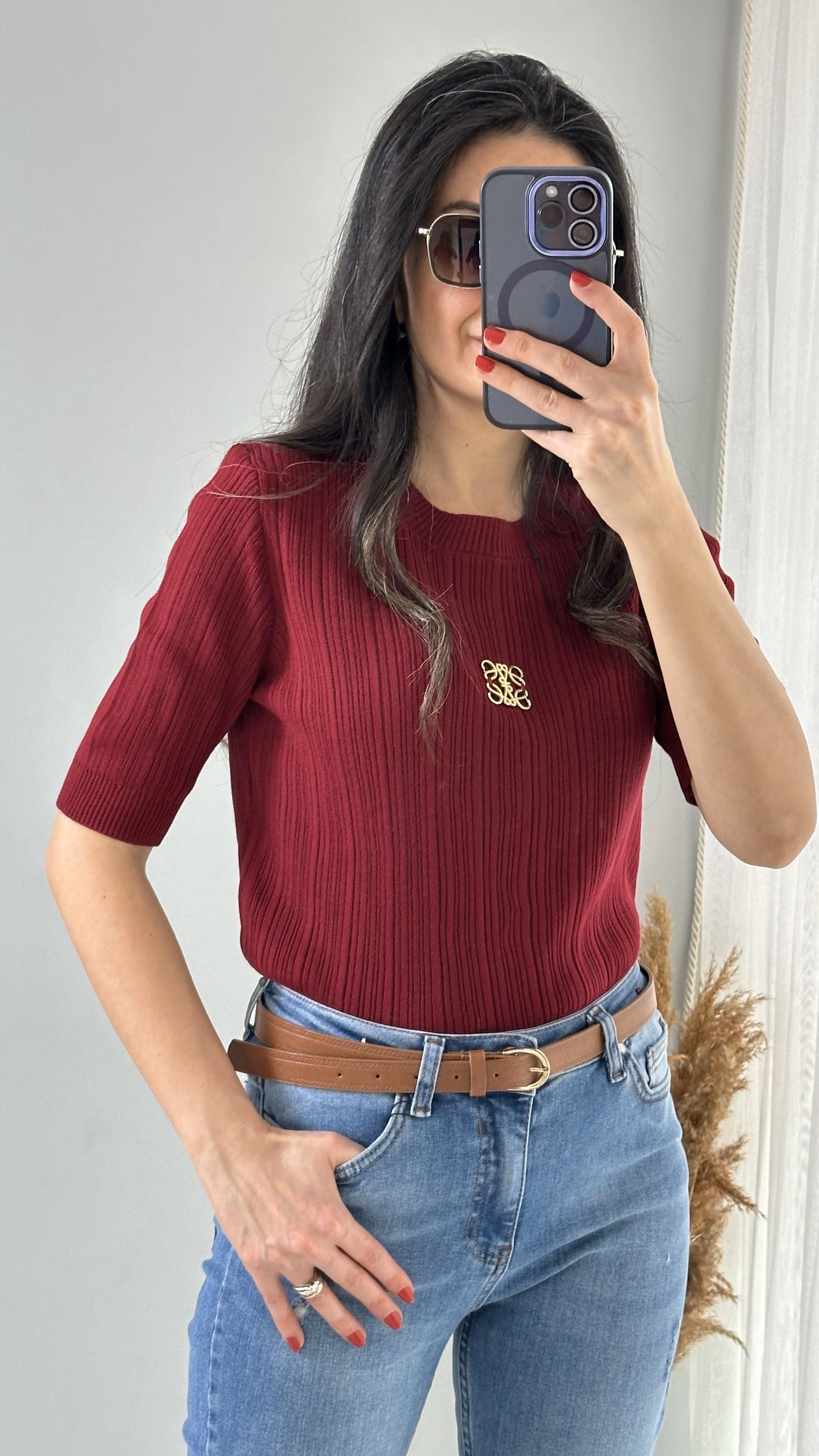 Bordo Önü Armalı Bisiklet Yaka Triko Bluz