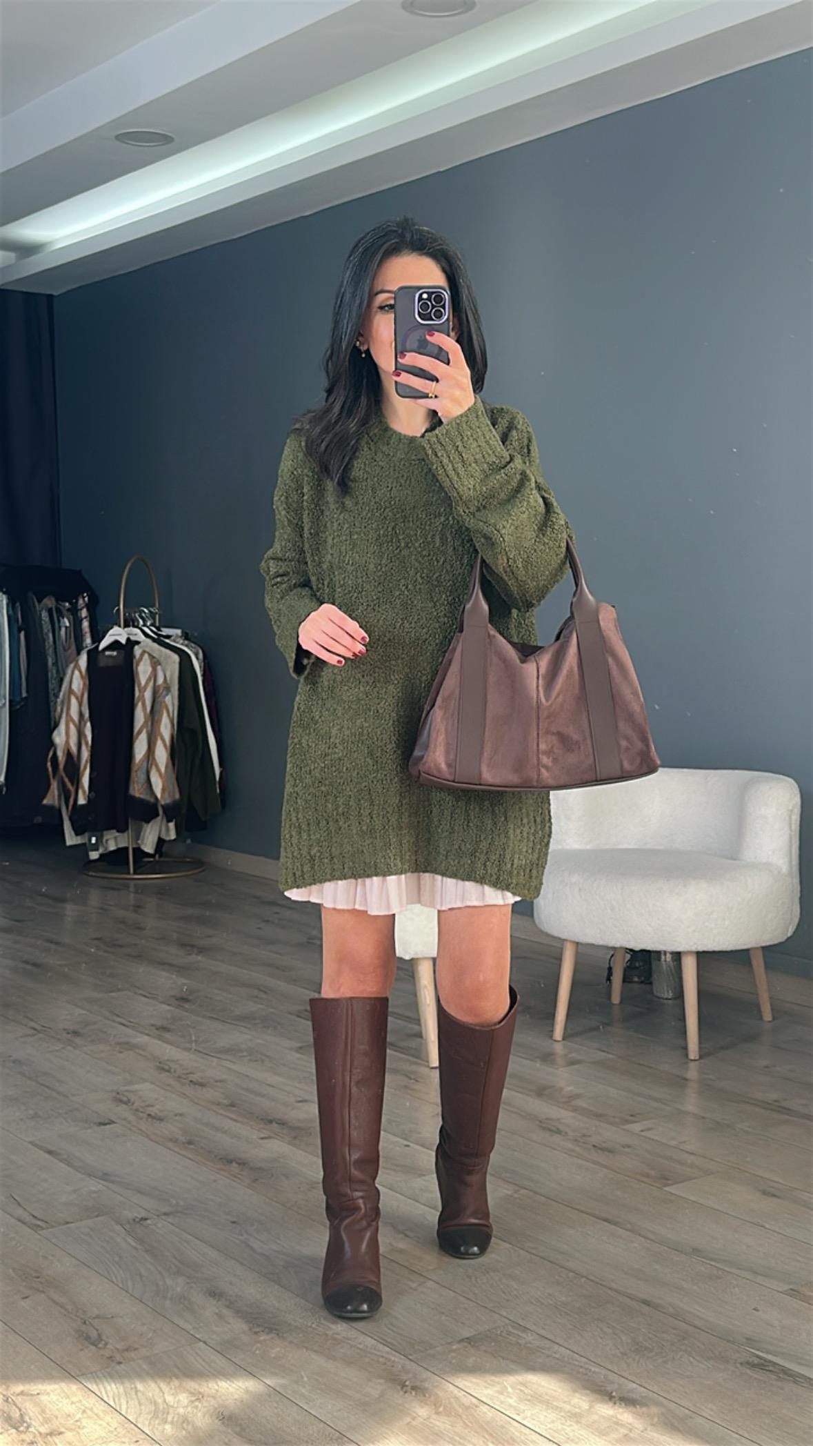 Haki Bisiklet Yaka Buklet Kazak