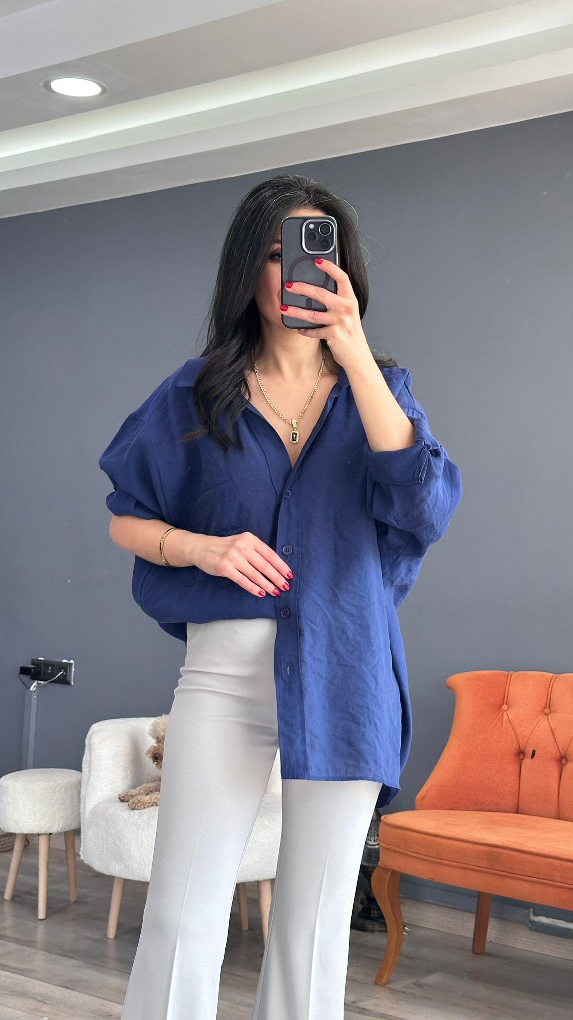 Lacivert Düşük Omuz Oversize Gömlek