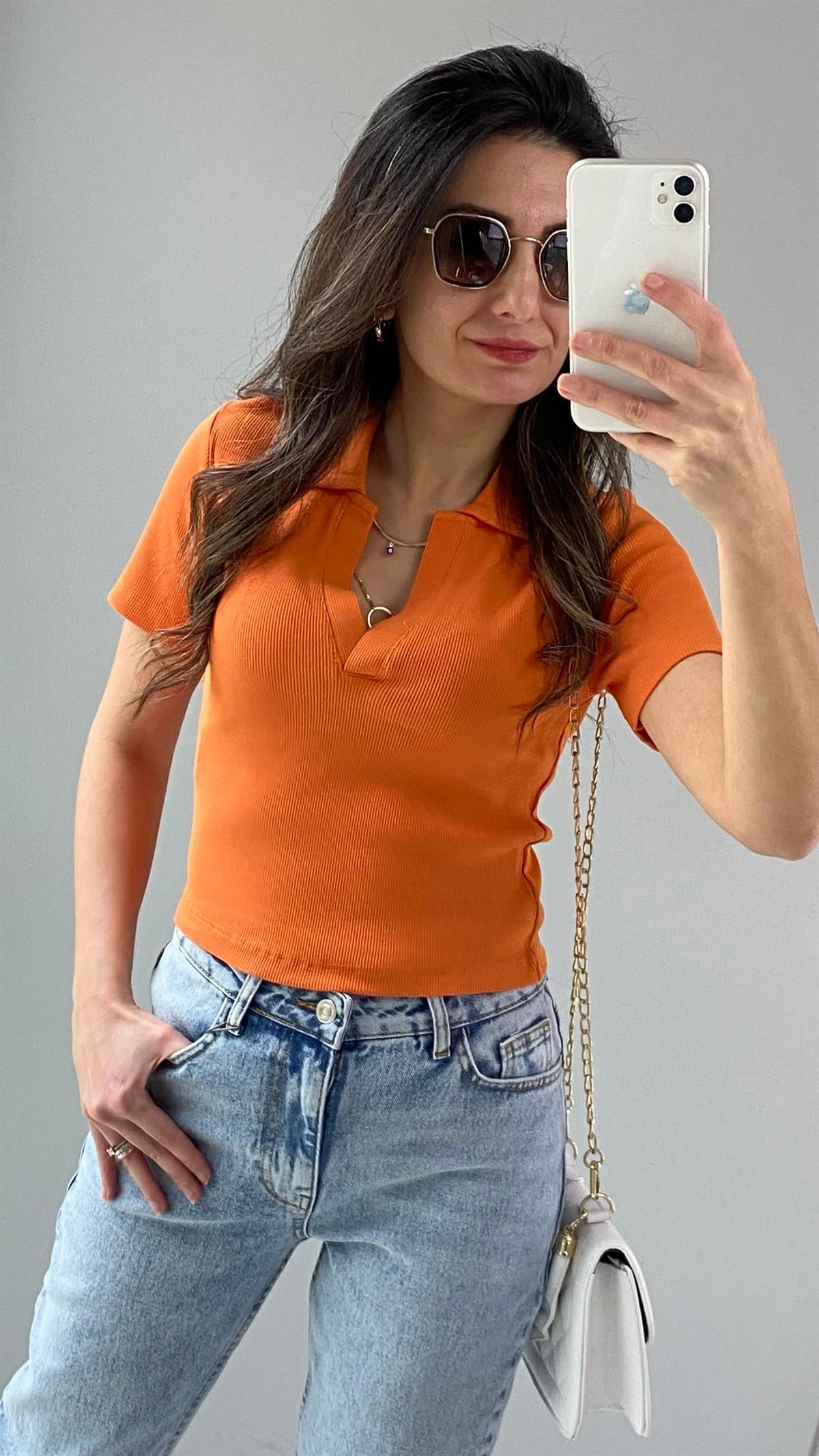 Orange Polo Yaka Kaşkorse Bluz