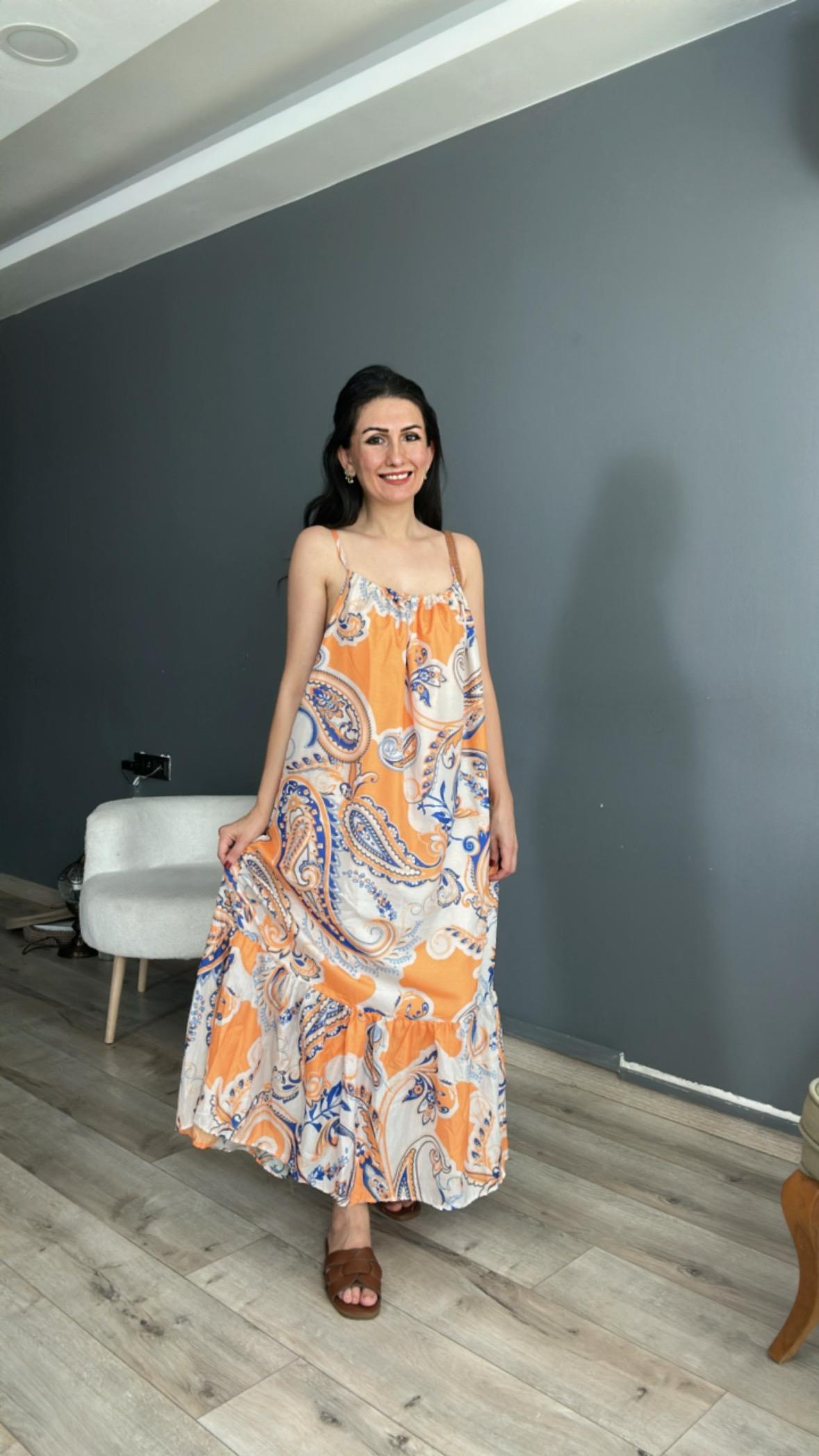 Orange Desenli Askılı Elbise