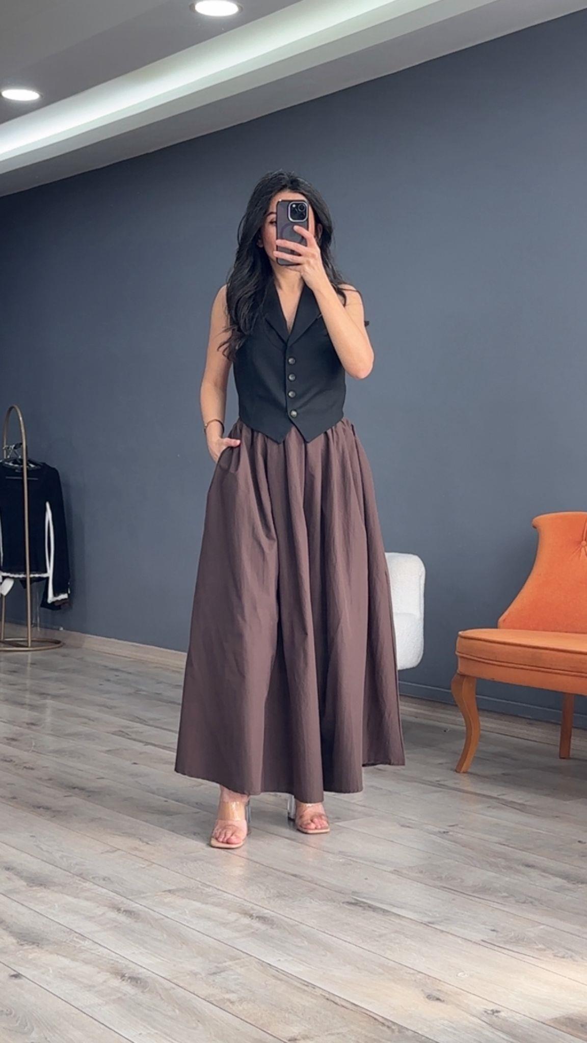 Kahve Bel Kısmı Pileli Beli Lastikli Maxi Boy Etek