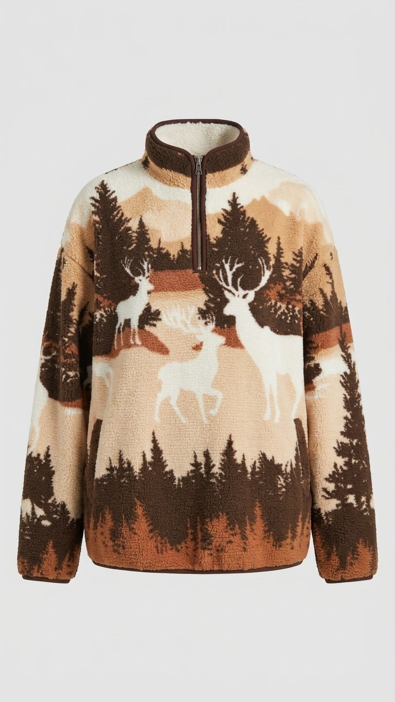 Kahverengi Geyik Desenli Fermuarlı Sweatshirt