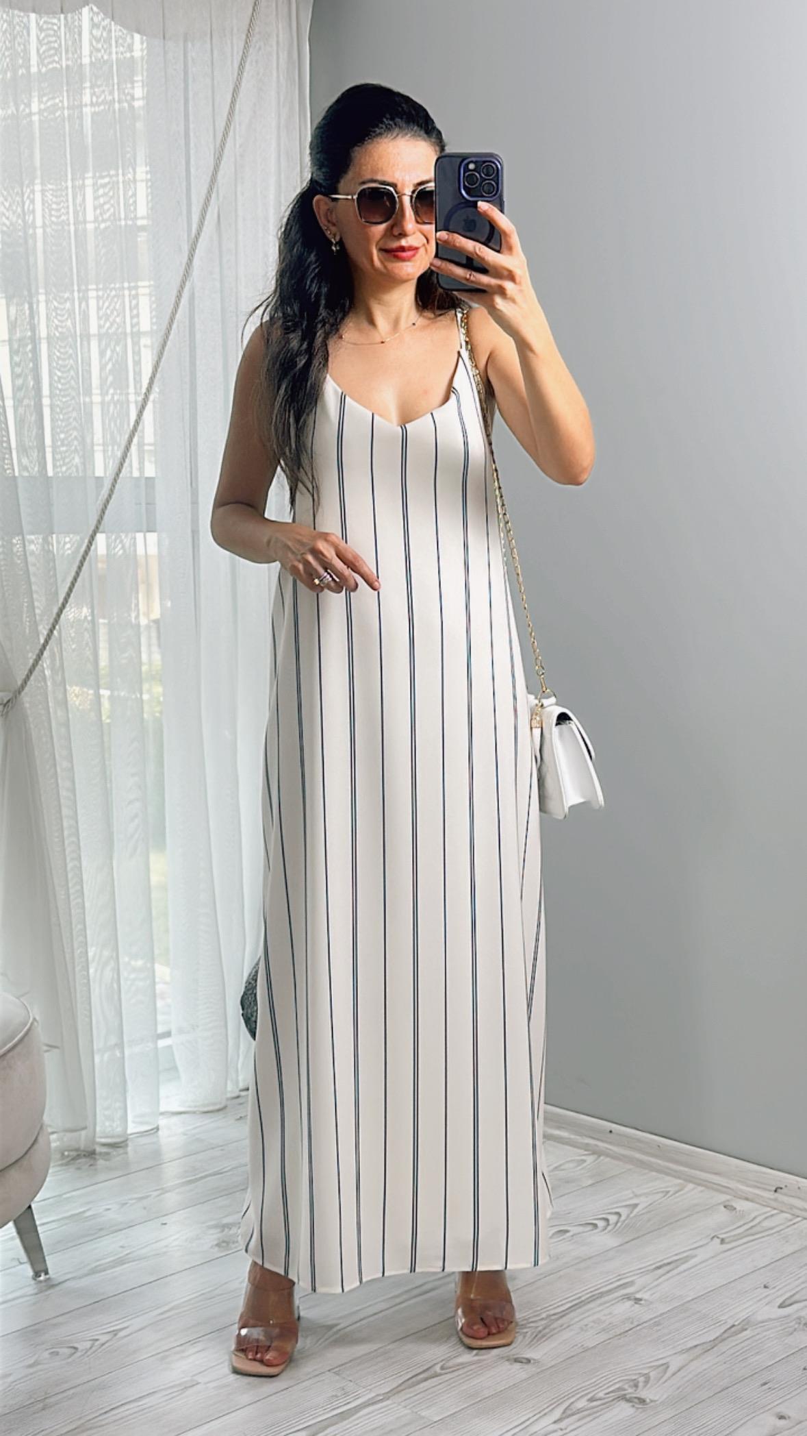 Ekru Renk Mavi İnce Çizgi Detaylı Askılı Elbise