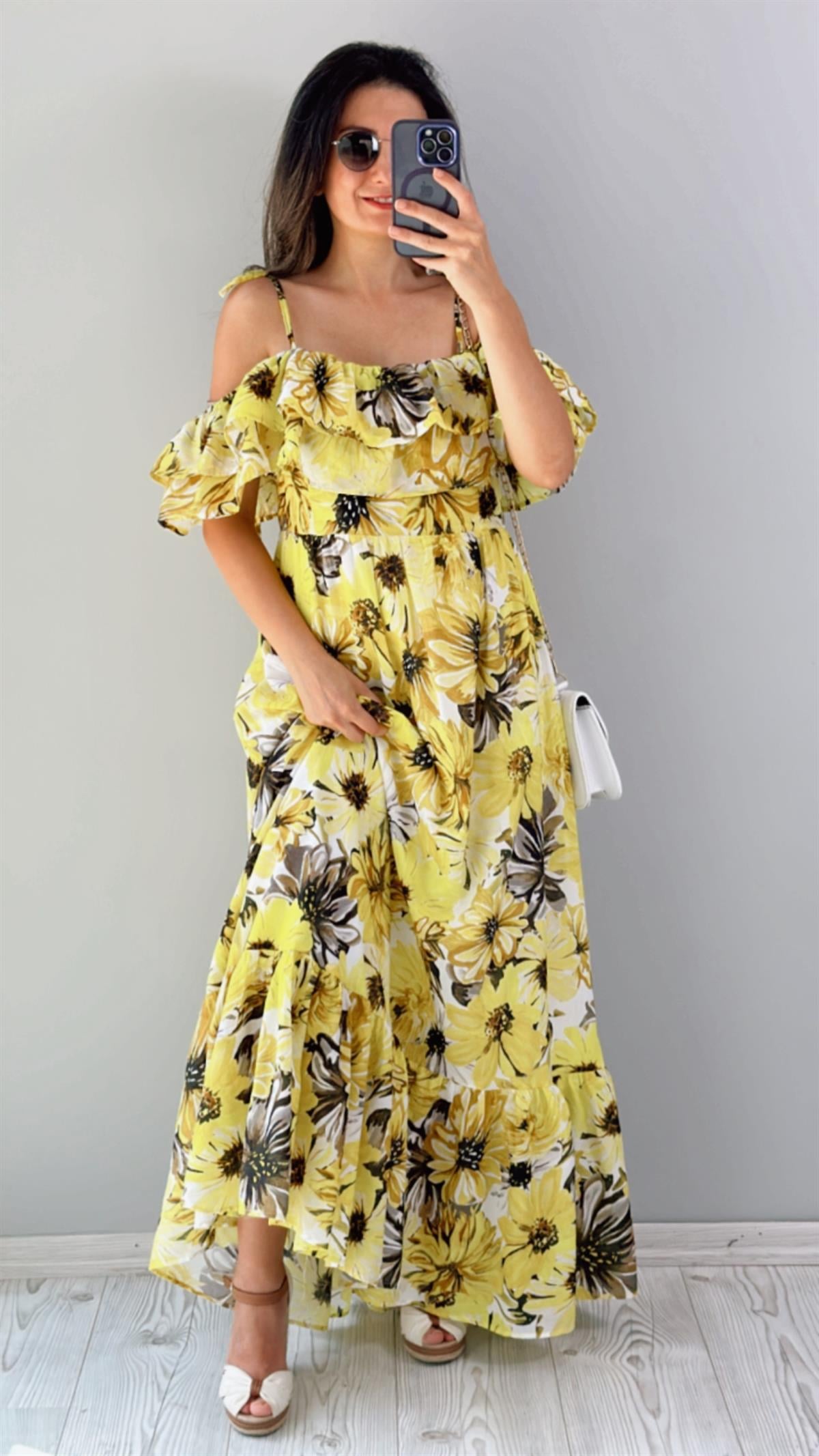 Sarı Çiçek Desenli İnce Askılı Maxi Boy Elbise