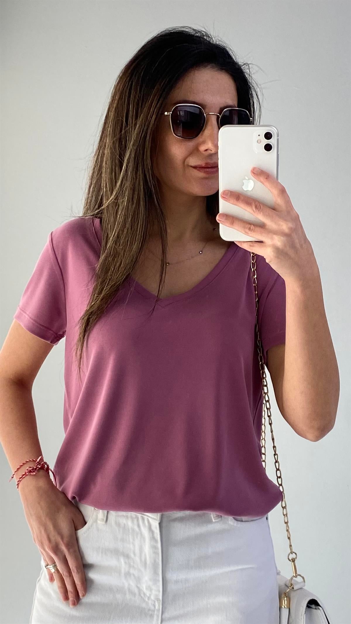 Gül Kurusu V Yaka Modal Kumaş T-Shirt