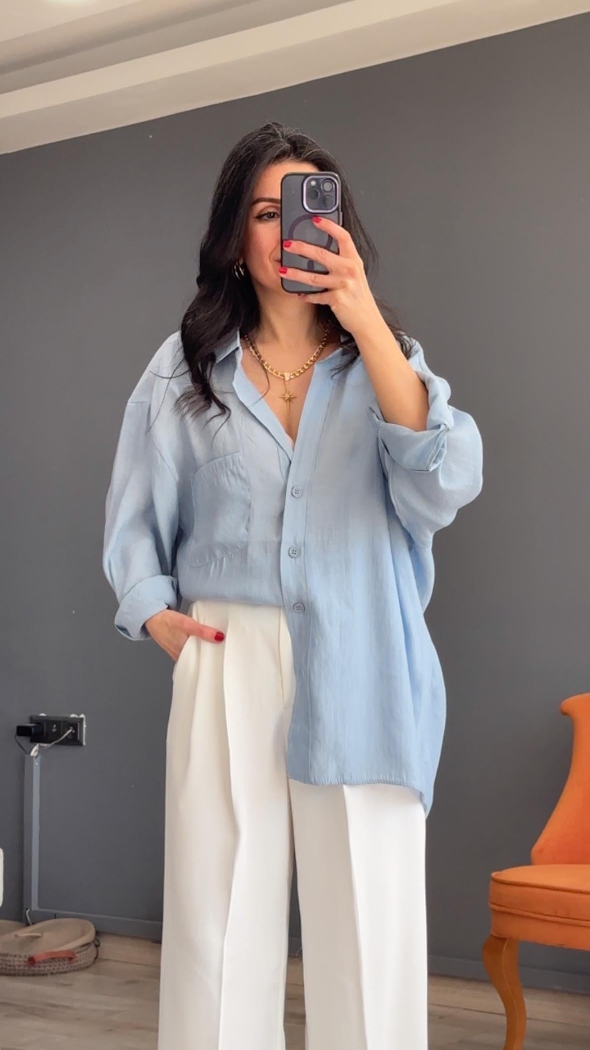 Açık Mavi Düşük Omuz Oversize Gömlek