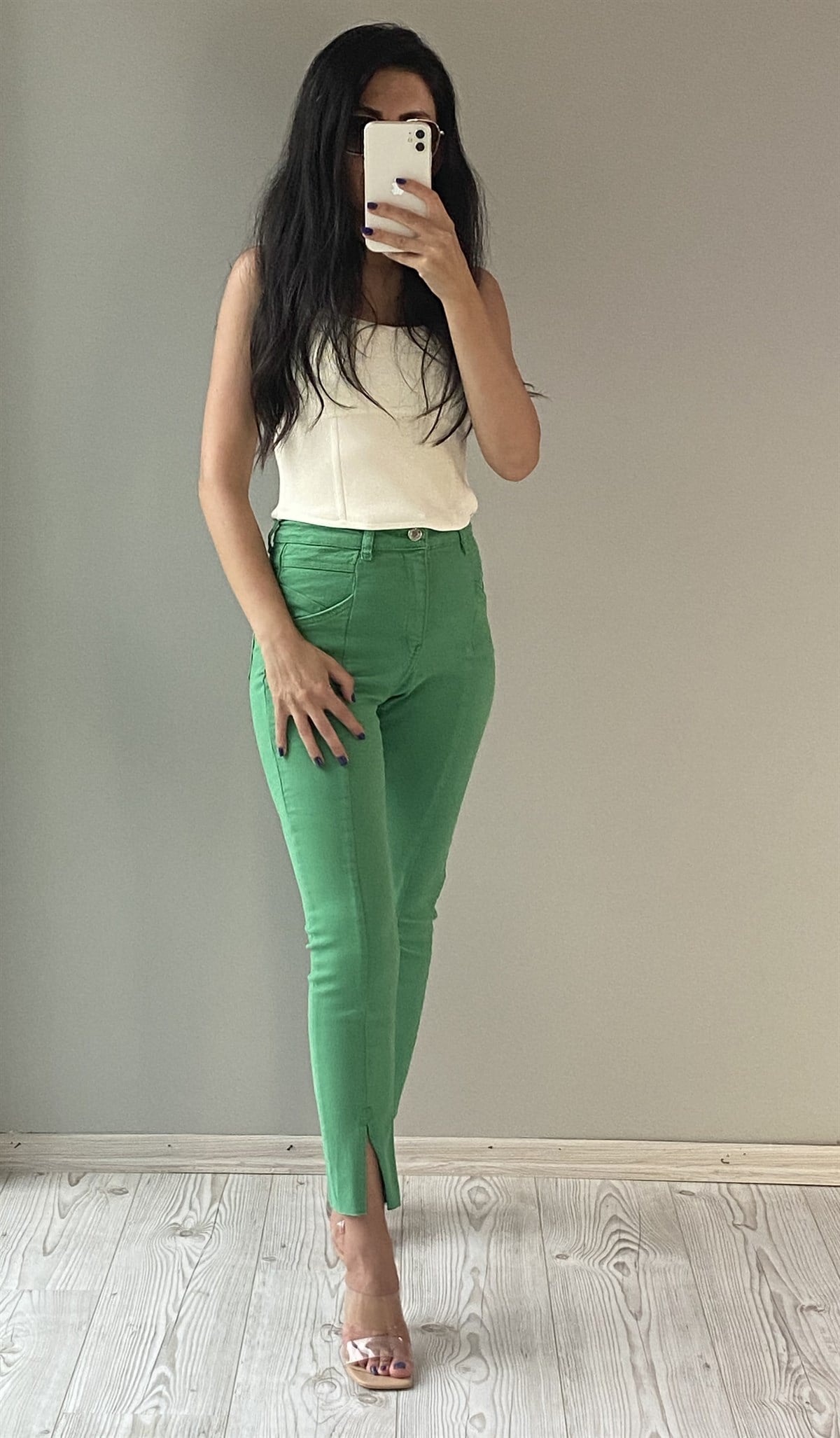 Çimen Yeşil Gabardin Yırtmaçlı Pantolon