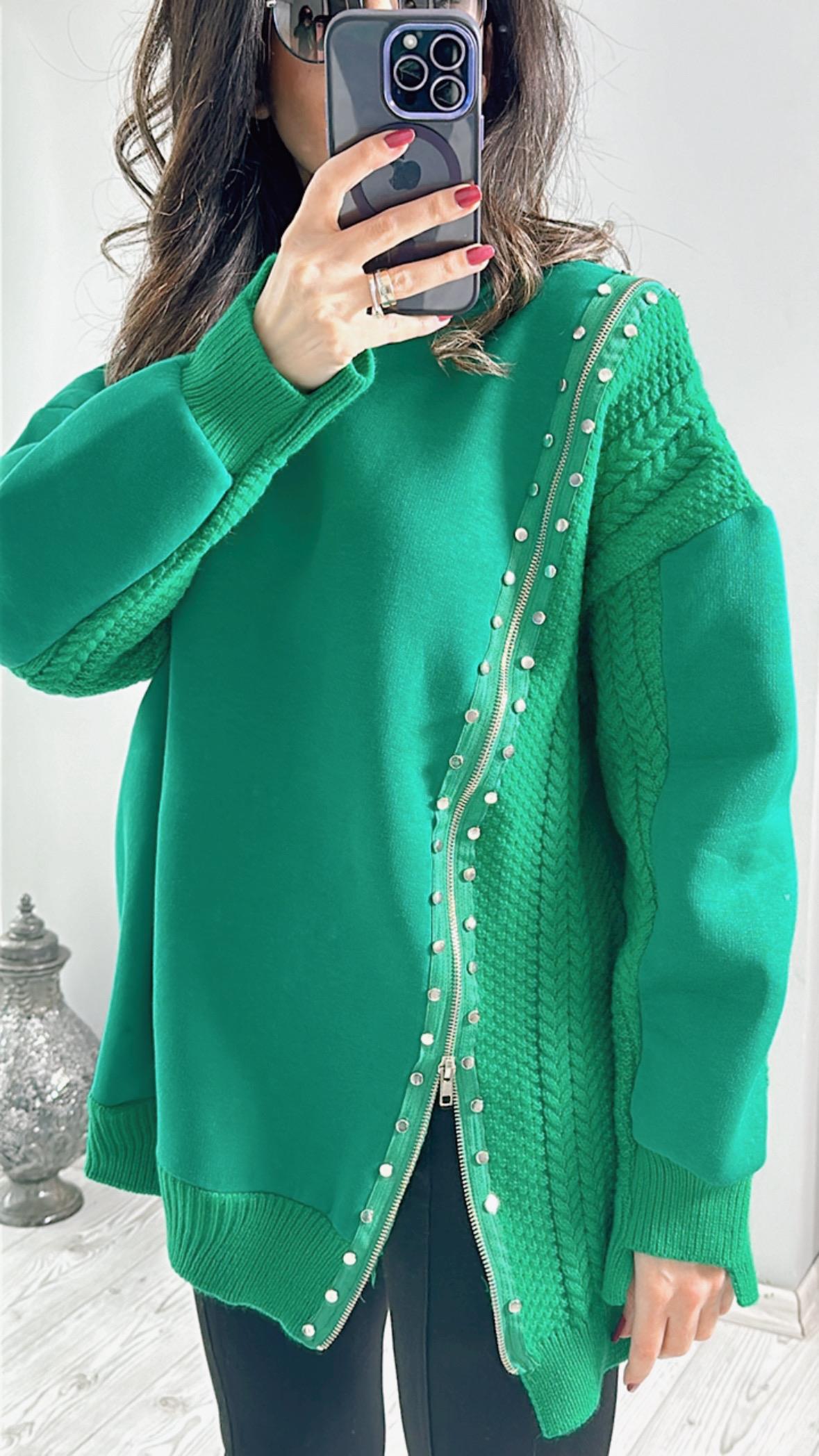 Yeşil Fermuarlı Taş Detaylı Model Tasarım Sweatshirt