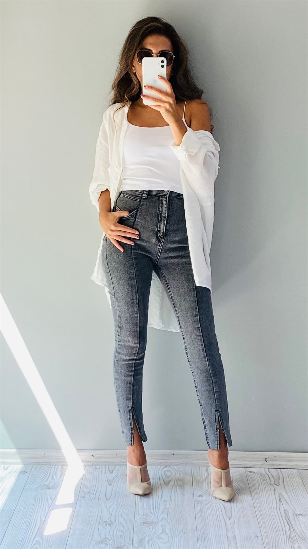 Koyu Gri Skinny Yırtmaçlı Jean