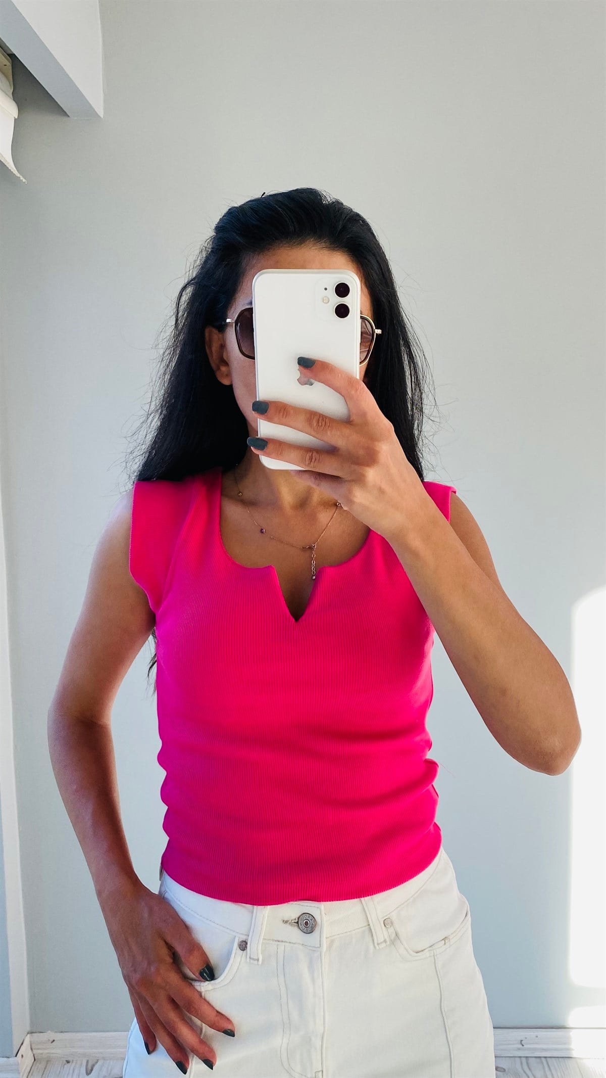 Fuşya Kaşkorse V Yaka Bluz