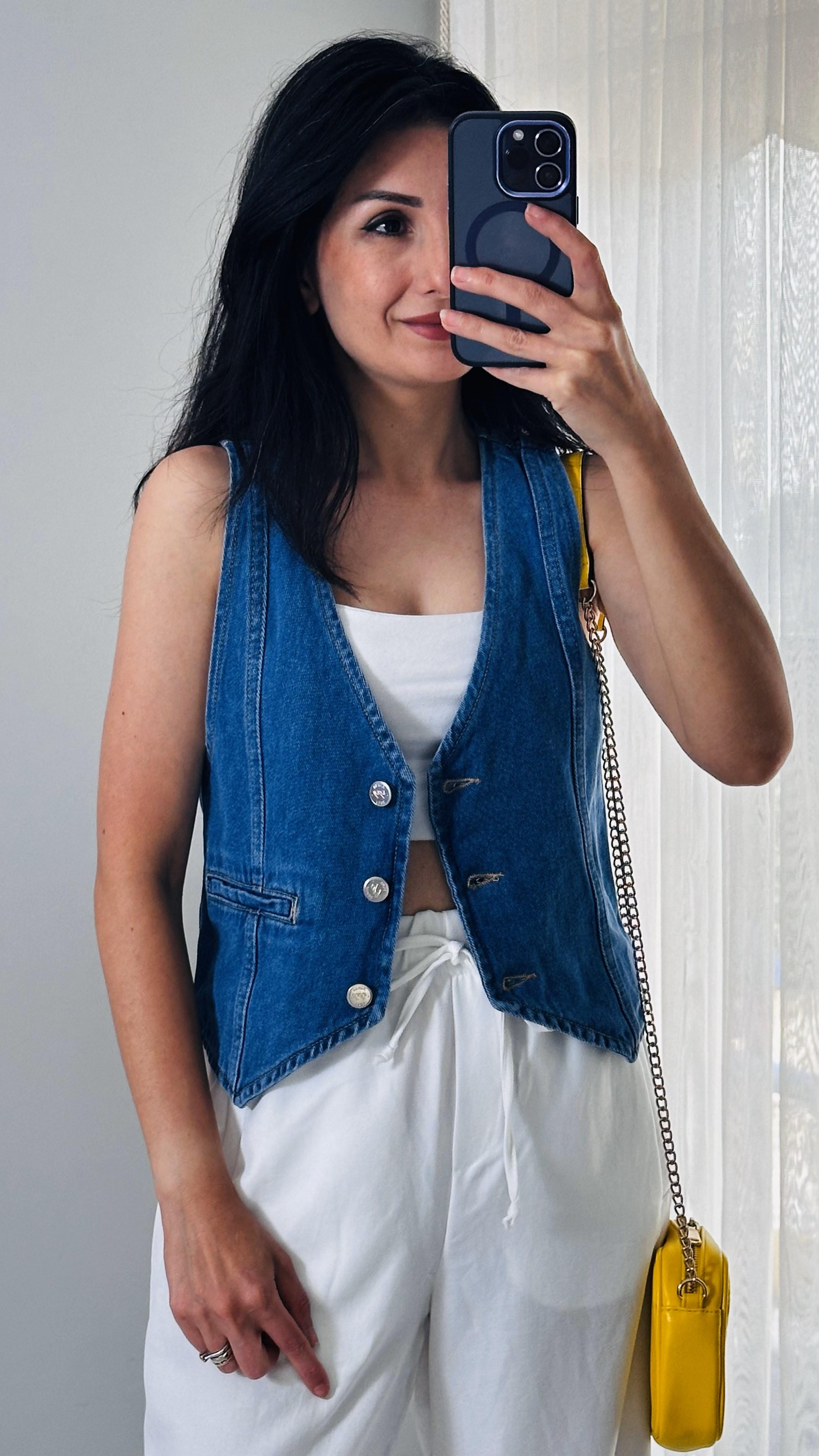 Mavi Cep Detaylı Denim Yelek