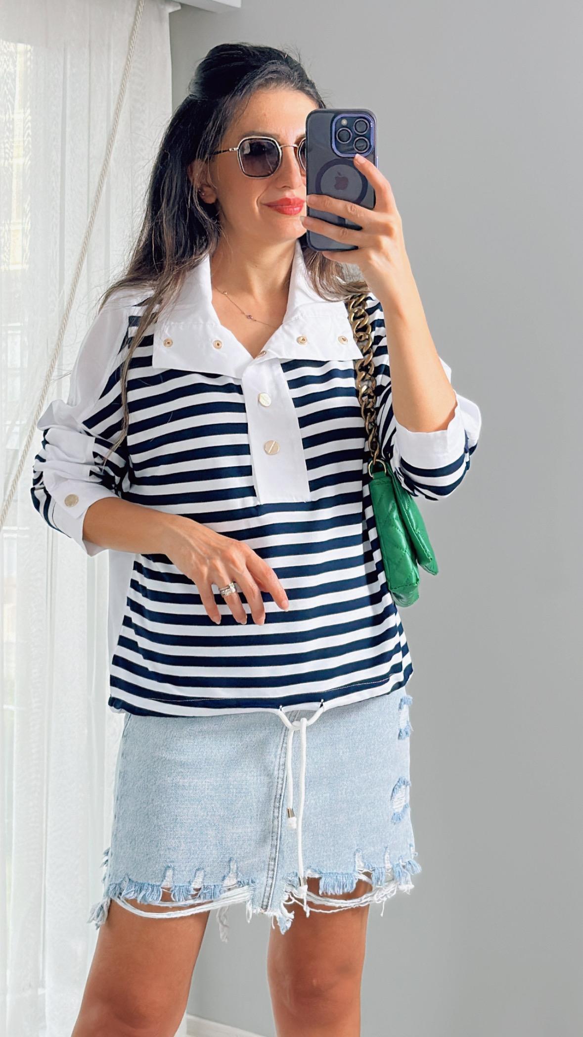 Lacivert çizgili Gold Düğme ve Büzgü Detaylı Sweatshirt