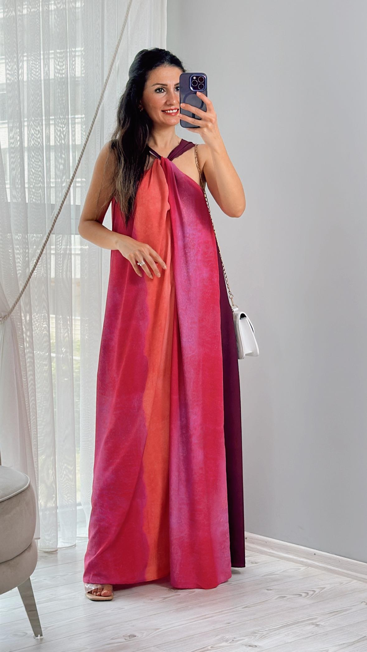 Fuşya Önü Çapraz Biyeli Elbise
