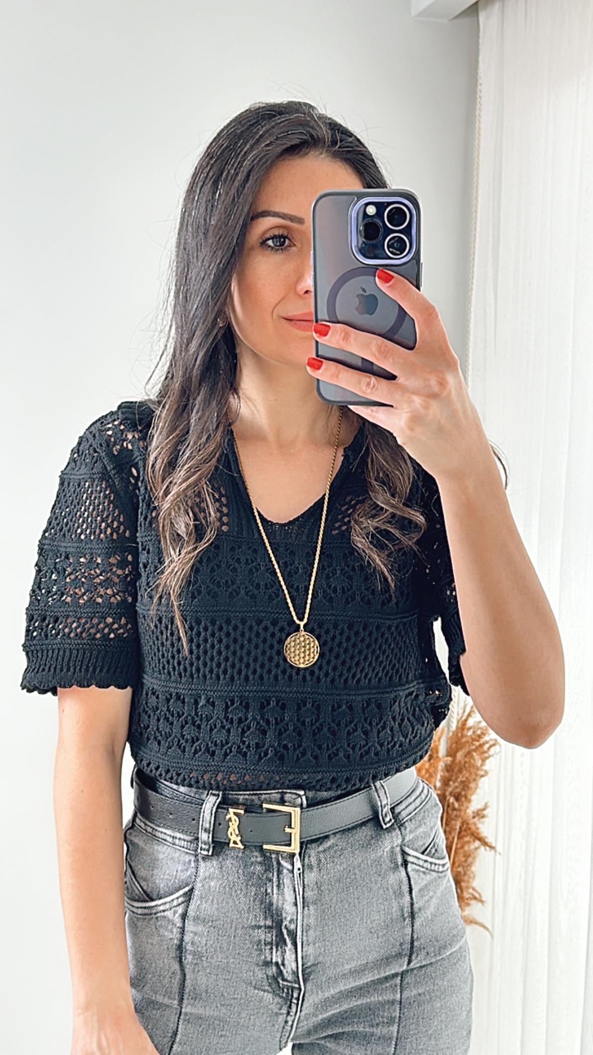 Siyah Polo Yaka Ajurlu Tiko Bluz