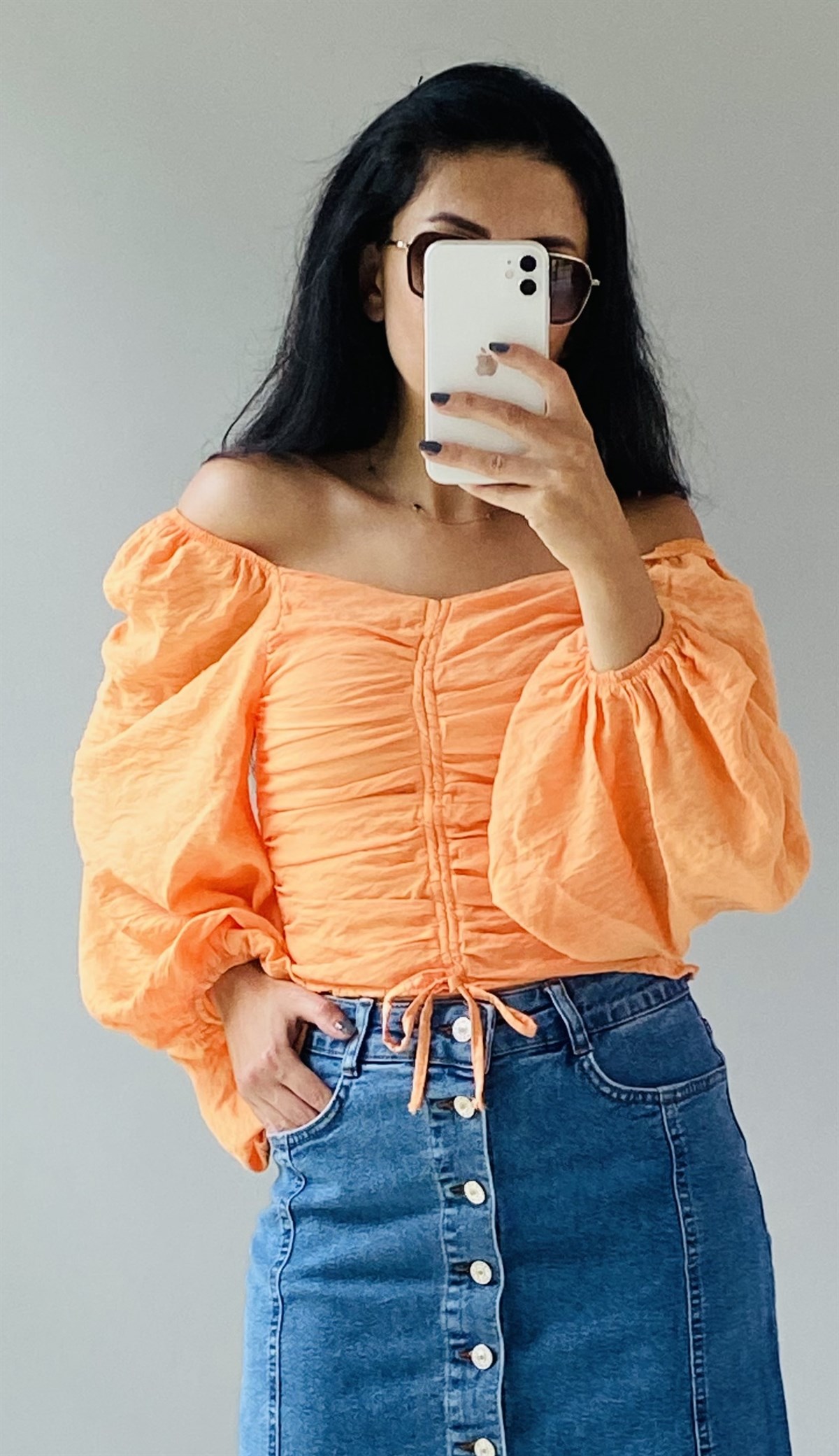 Orange Vual Büzgülü Balon Kol Bluz