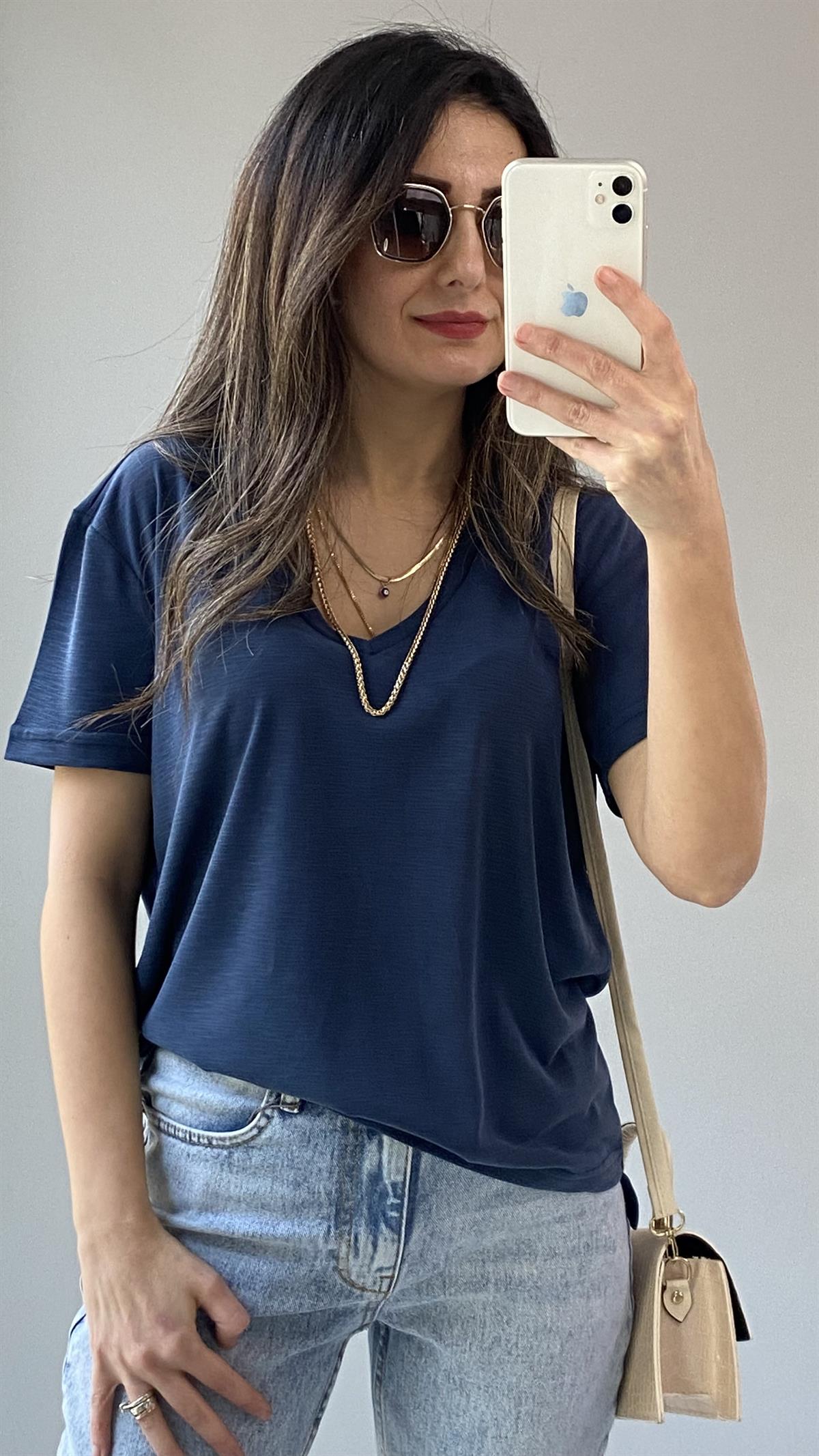 Lacivert Melanjlı Modal Kumaş V Yaka T-shirt
