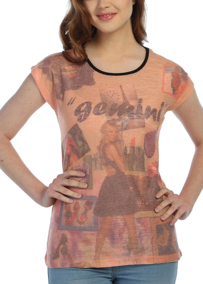 3012 - Somon Bayan Baskılı,Renkli T-Shirt