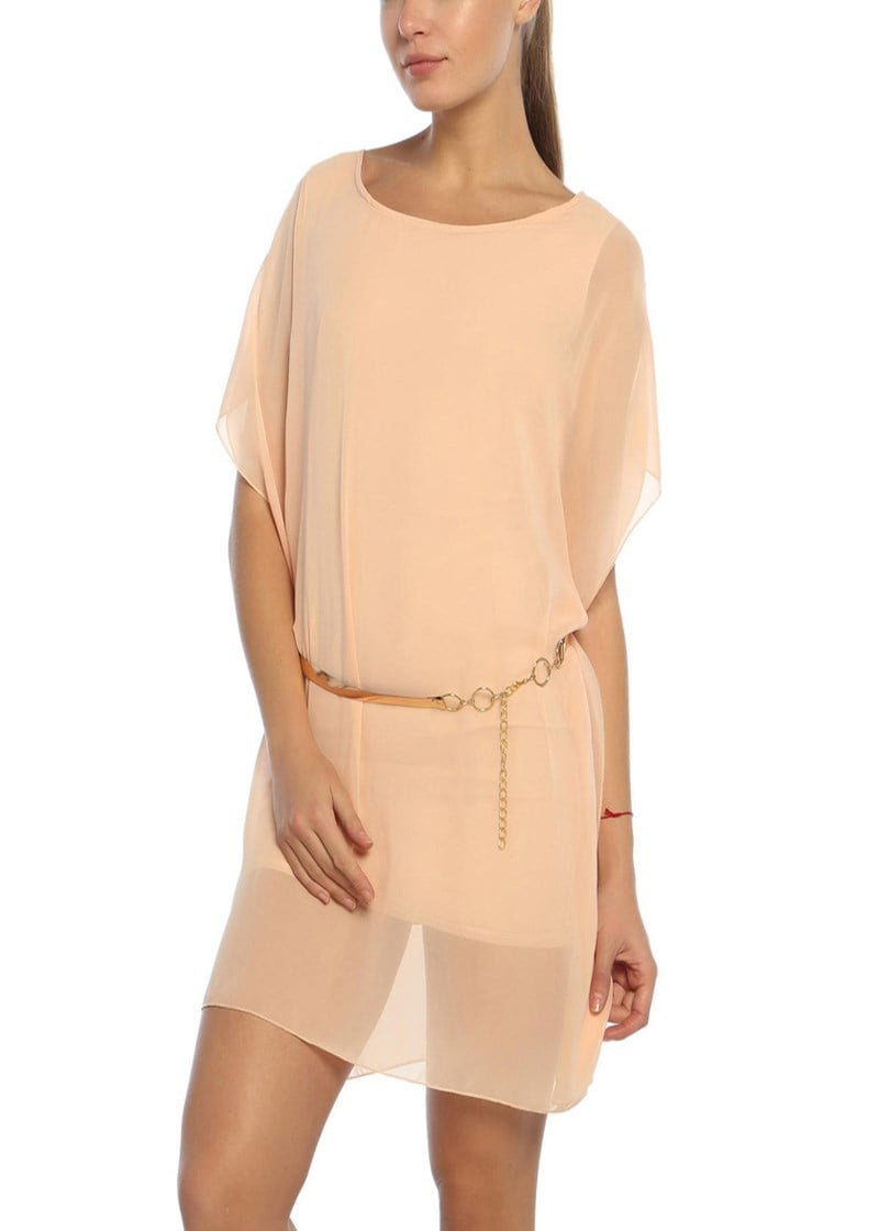 3044 - Pudra Tül Detaylı Bel Kemerli Bayan Elbise