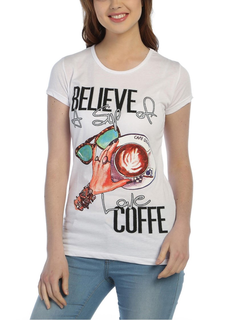 3019 - Beyaz Bayan Kahve Fincanı Desenli,Baskılı T-Shirt