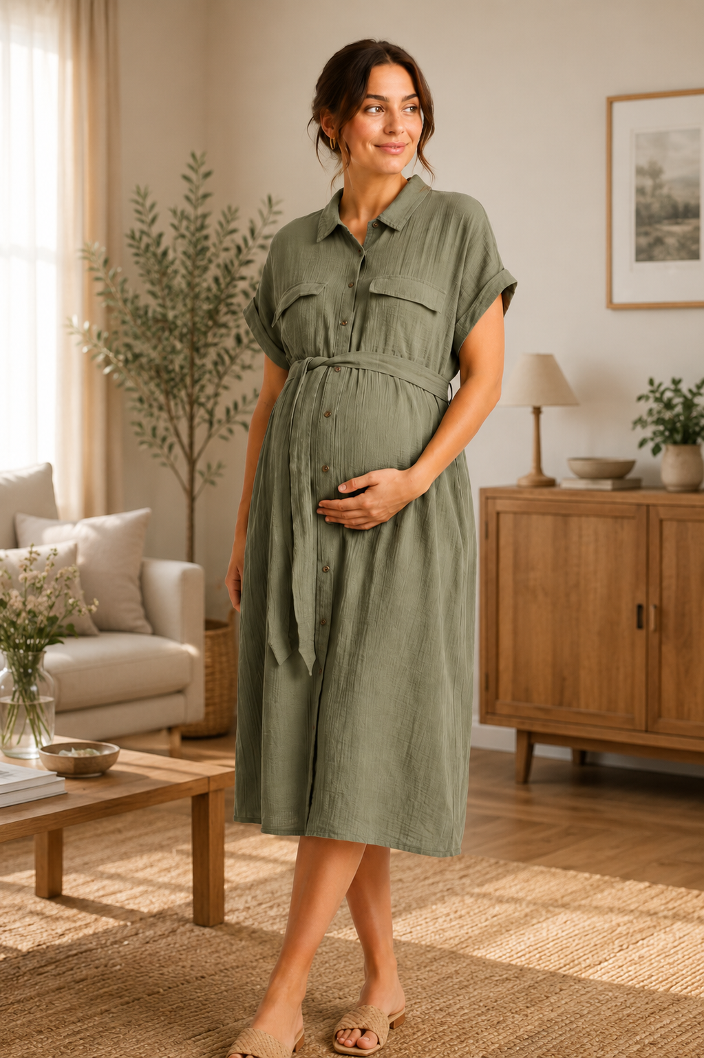 Luvmabelly MYRA5860 – Doğal Müslin Yazlık Gömlek Hamile Elbise - Yeşil