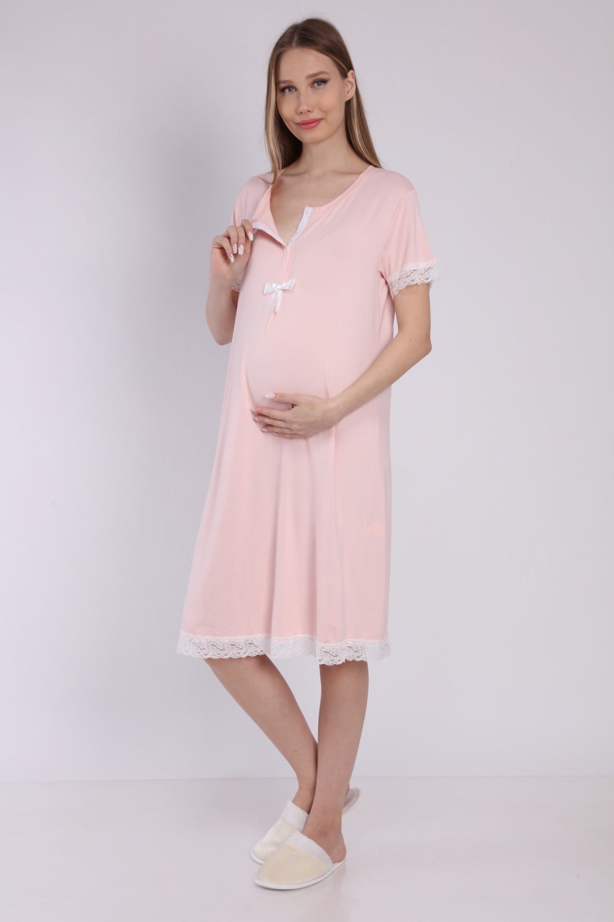 Luvmabelly MYRA9592 Önden Çıt Çıtlı Dantelli Hamile Geceliği -Pembe