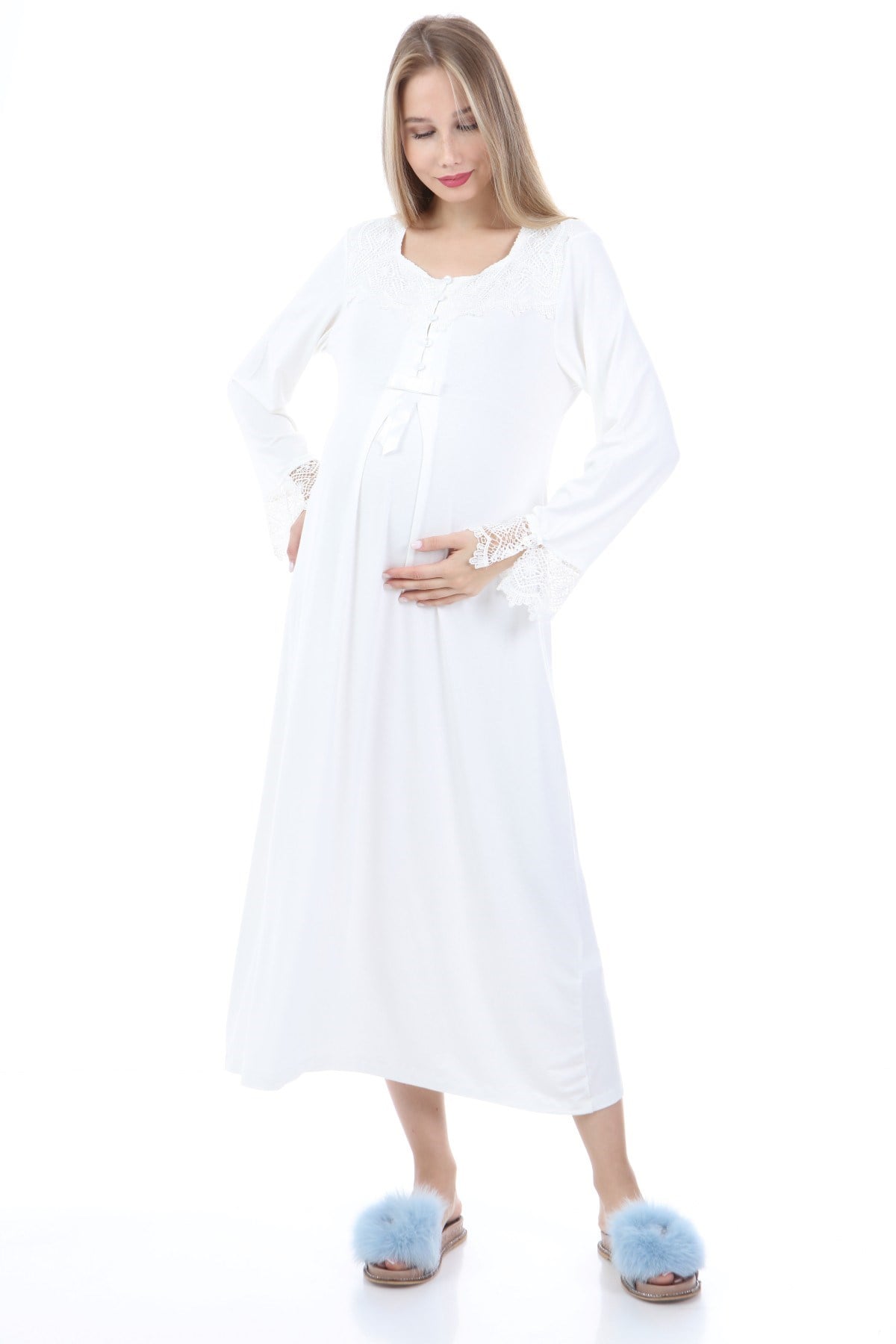 Luvmabelly MYRA9620 Dantelli Düğmeli Hamile Gecelik - Ekru