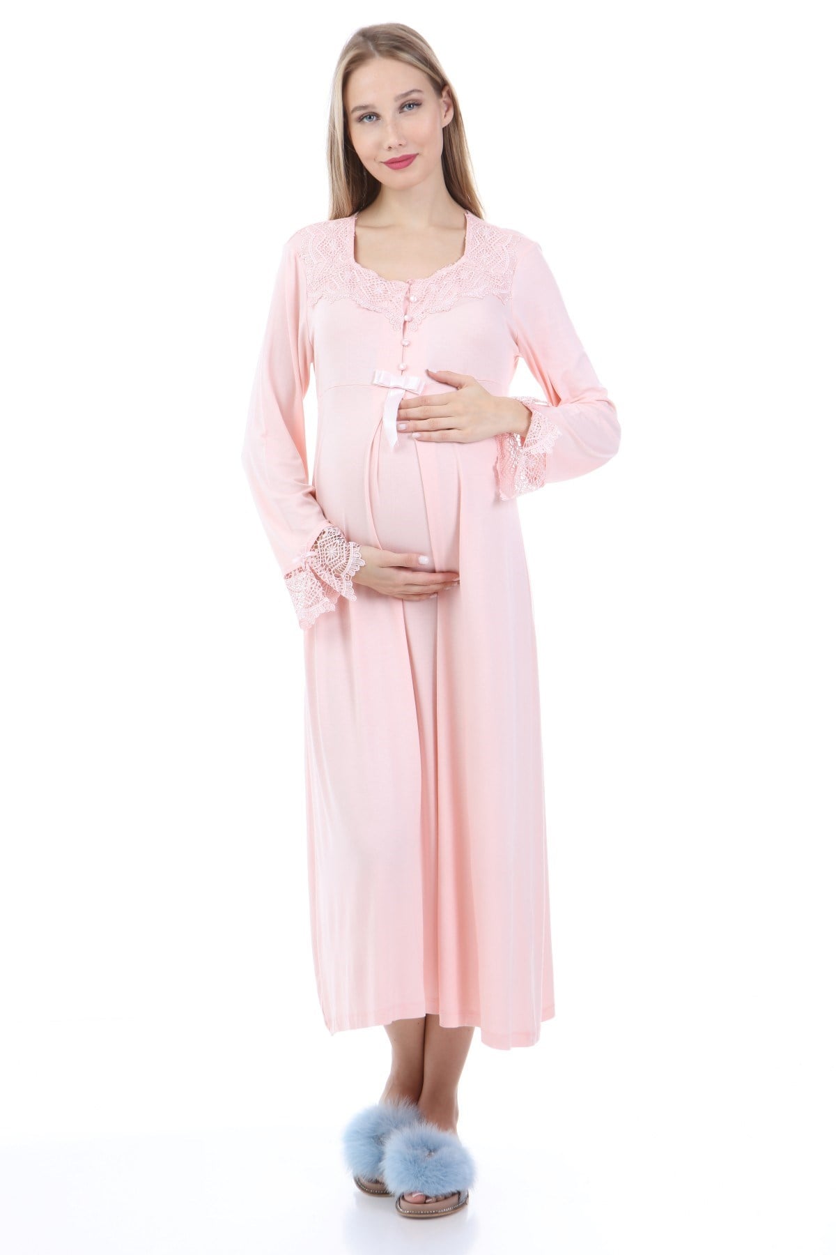 Luvmabelly MYRA9622 Dantelli Düğmeli Hamile Gecelik - Pembe