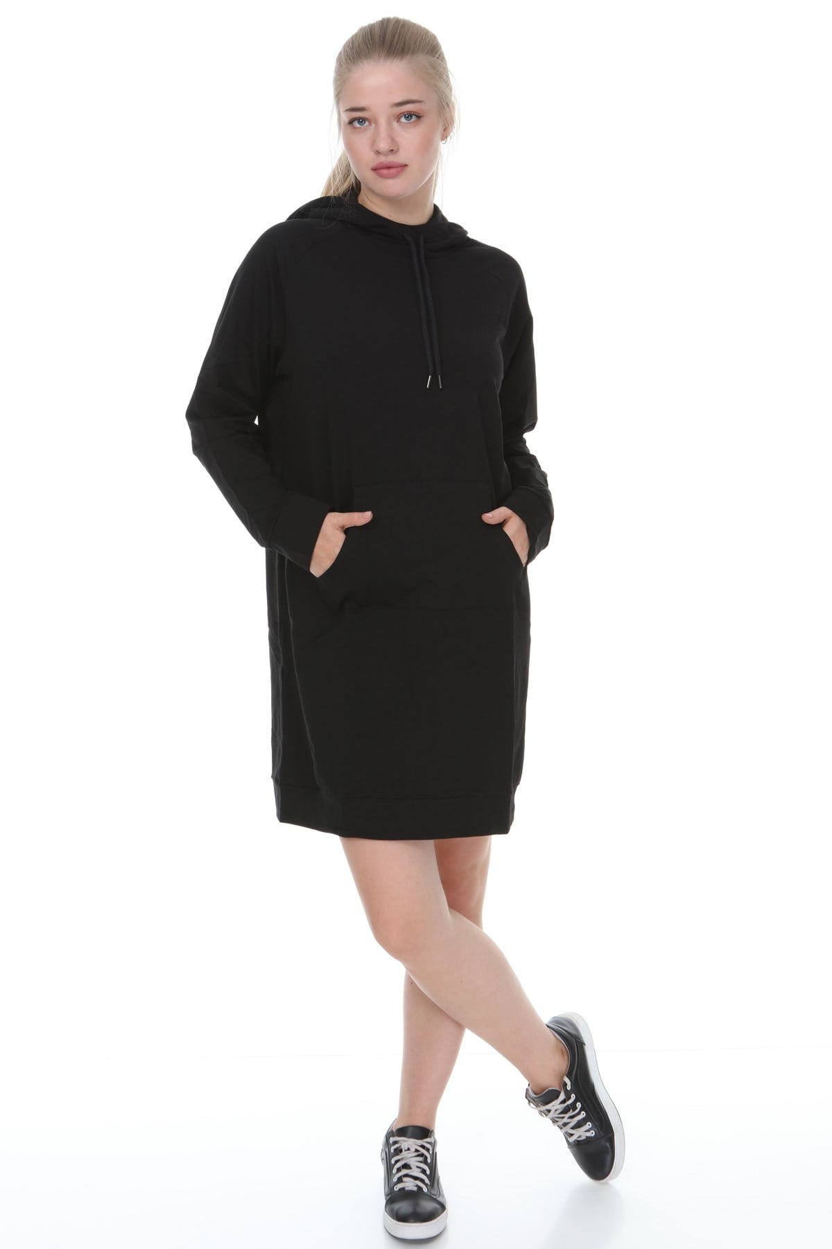 Palena - PLNA4550 - Büyük Beden Kapüşonlu Kanguru Cepli Uzun Sweatshirt - Beden Siyah & Kol Siyah