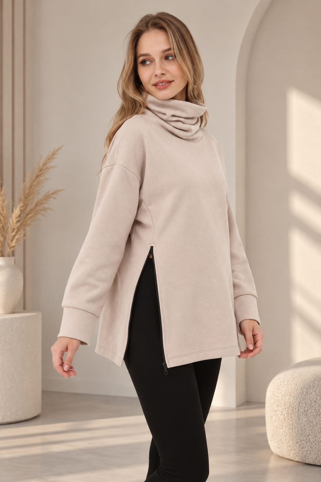 Palena  PLNL4283 Balıkçı Yaka Yan Fermuarlı  Sweatshirt - Bej 