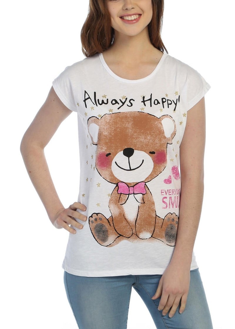 3007 - Beyaz Bayan Ayı Desenli Baskılı T-Shirt