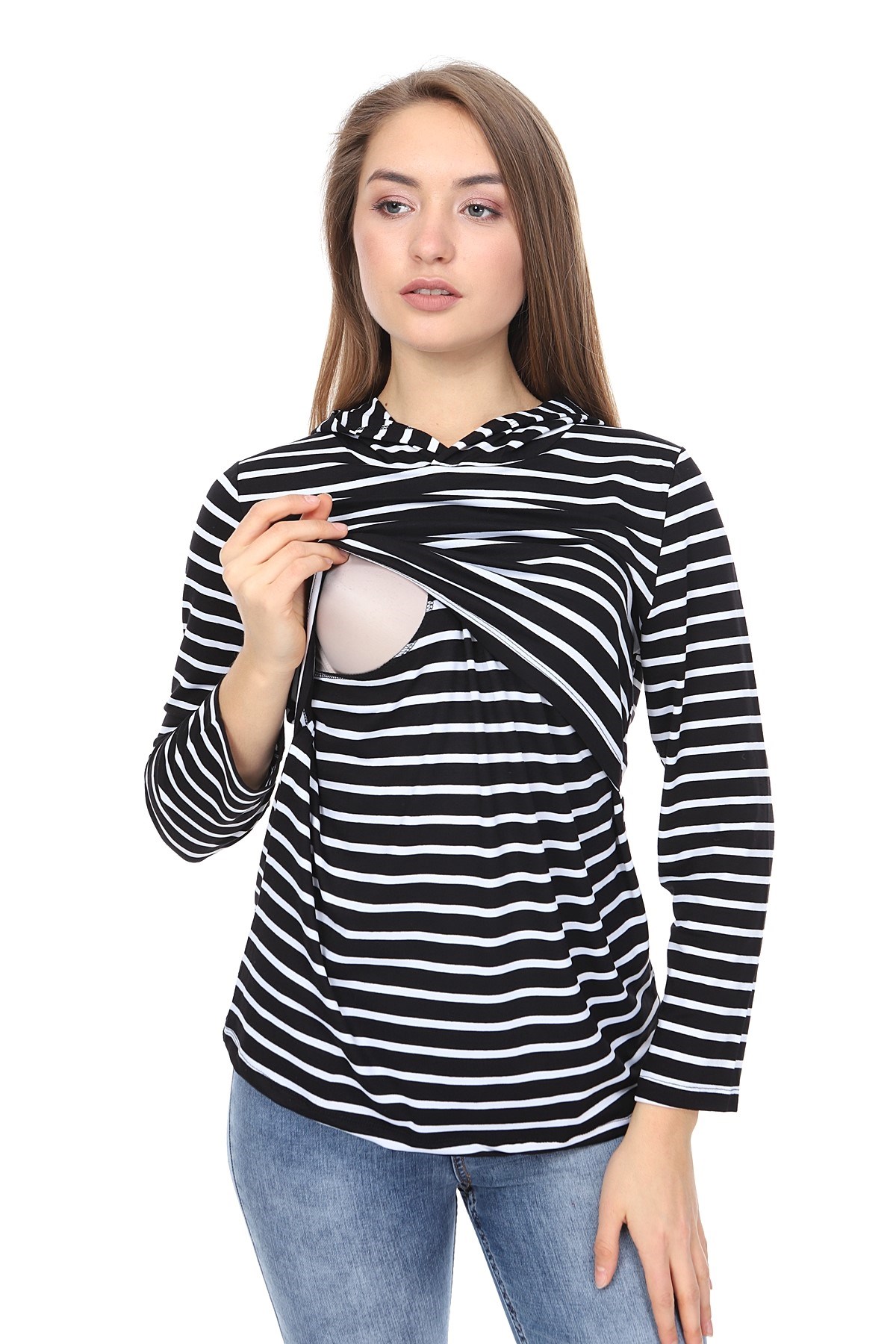 LuvmaBelly MYRA3520 Siyah Çizgili Kapüşonlulu Emzirme Sweatshirt