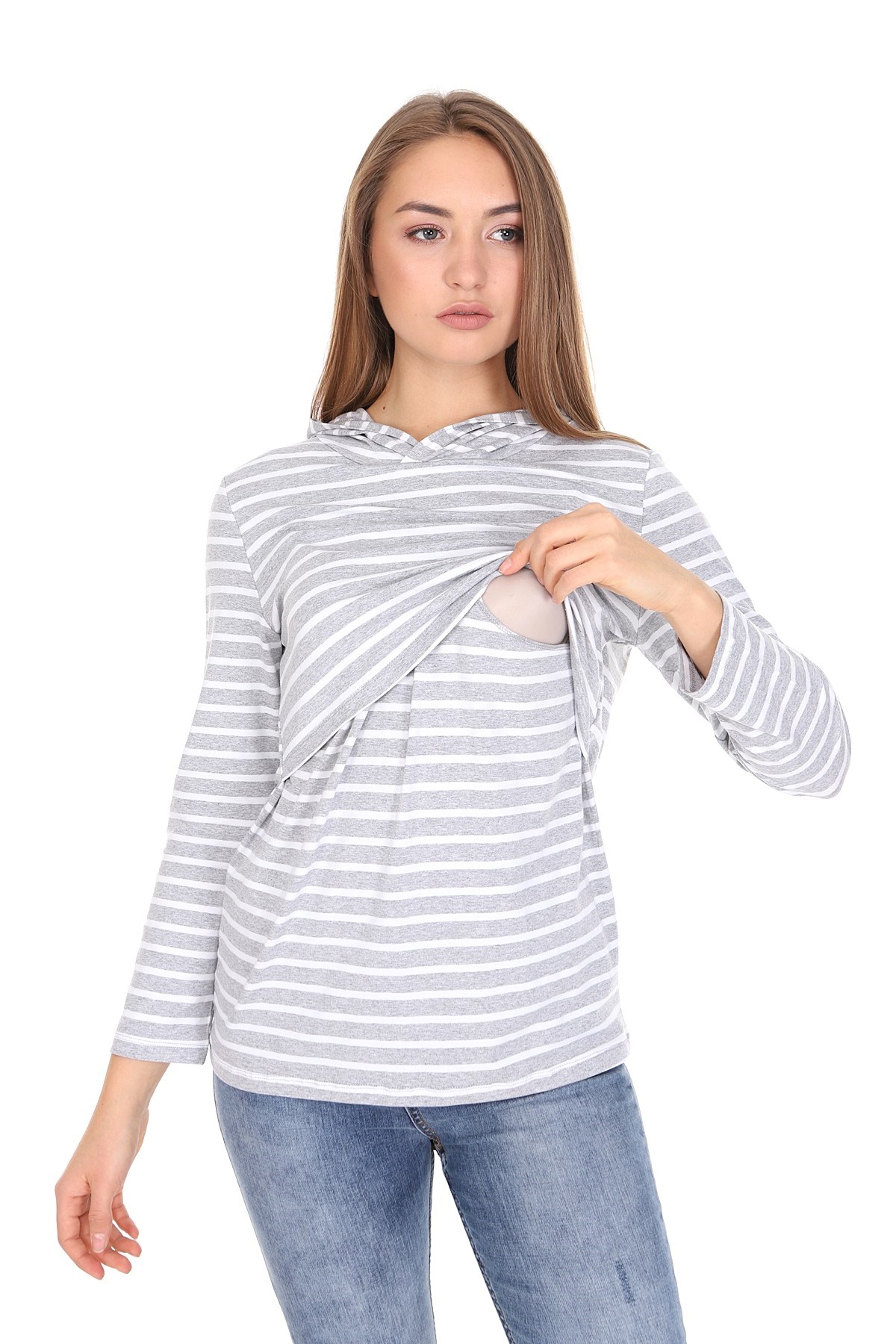 LuvmaBelly MYRA3521 Gri Çizgili Kapüşonlulu Emzirme Sweatshirt