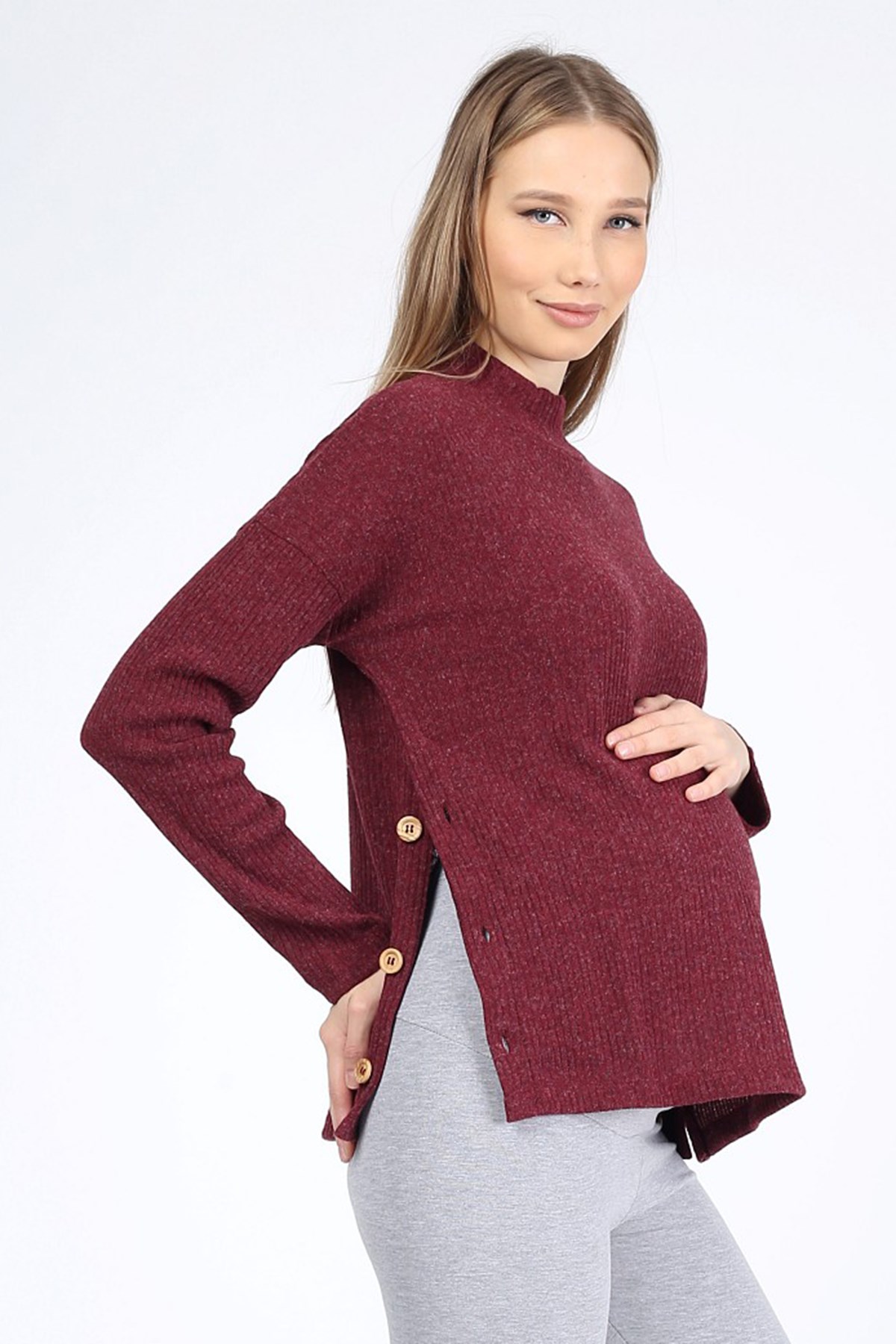 Luvmabelly MYRA4222 Yandan Düğmeli Emzirme Hamile Triko Bluz - Bordo
