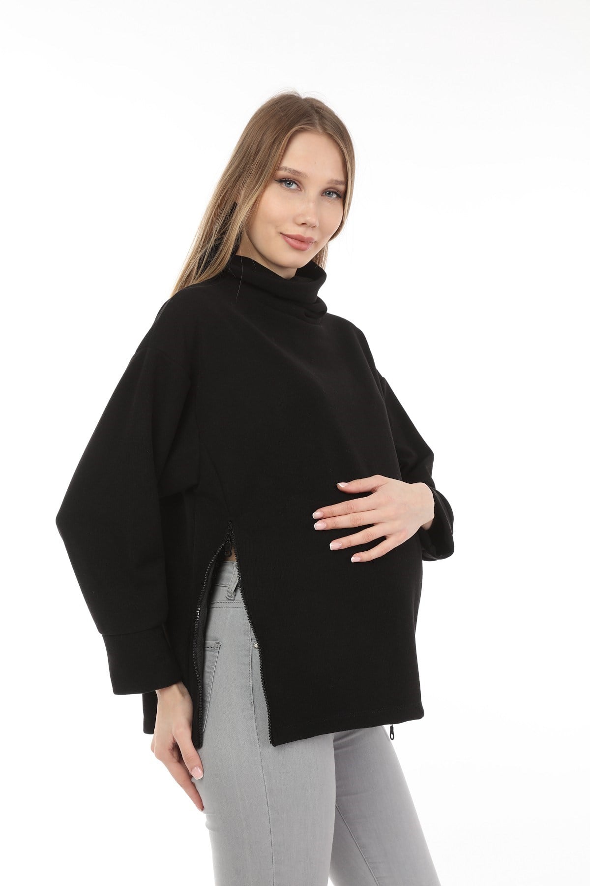 Luvmabelly MYRA4280 Fermuarlı Hamile Sweatshirt -Siyah