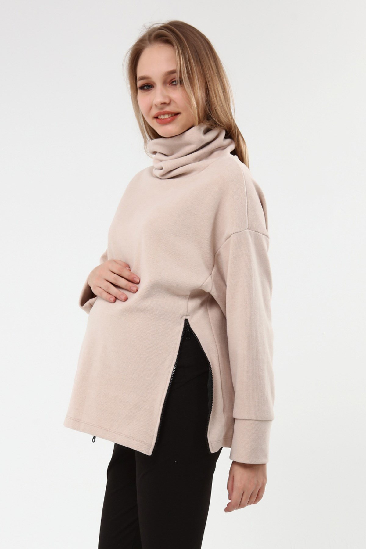 Luvmabelly MYRA4281 Fermuarlı Hamile Sweatshirt -Bej