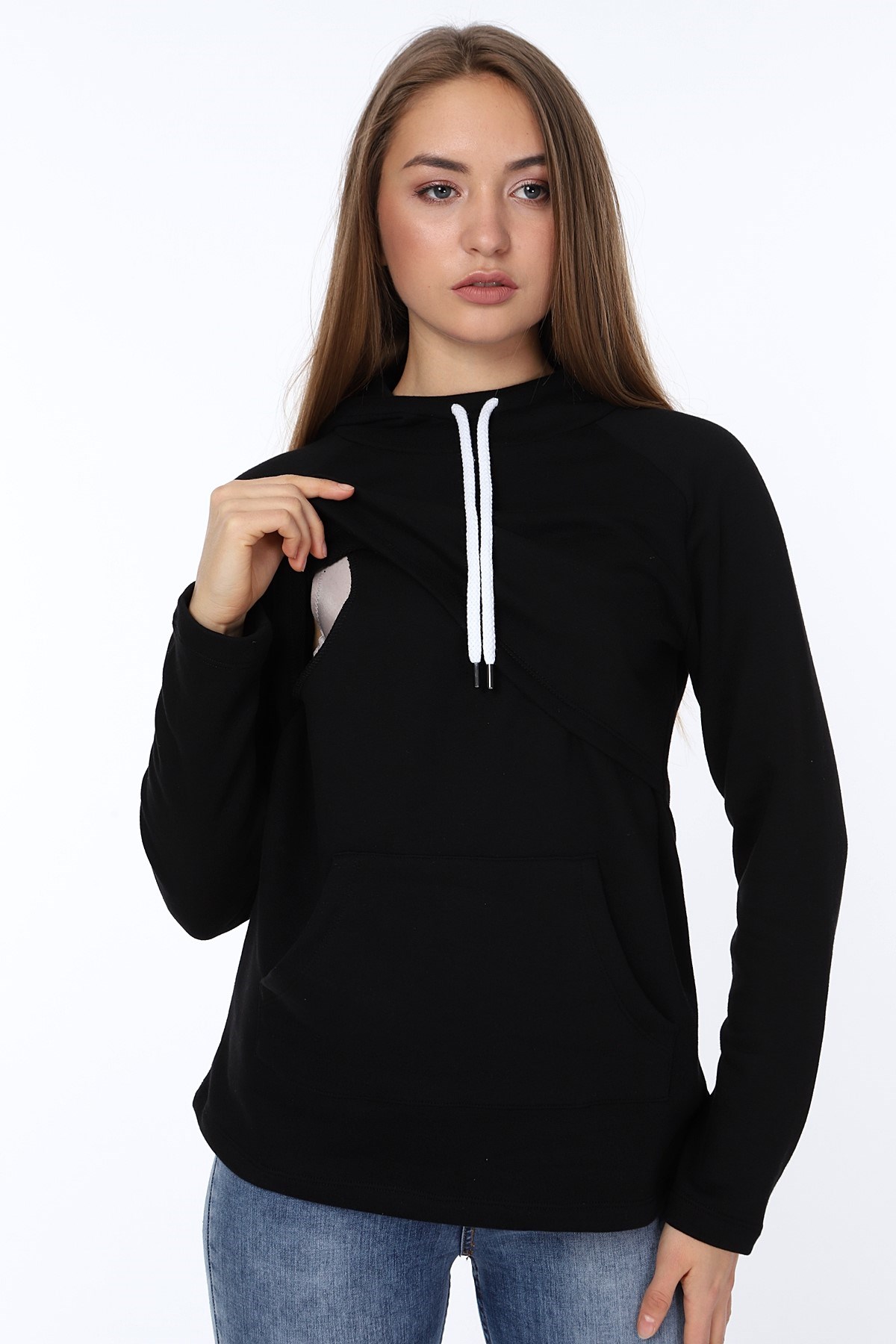 LuvmaBelly MYRA4520 Siyah&Siyah Parçalı Kapüşonlu ve Cepli Emzirme Sweatshirt