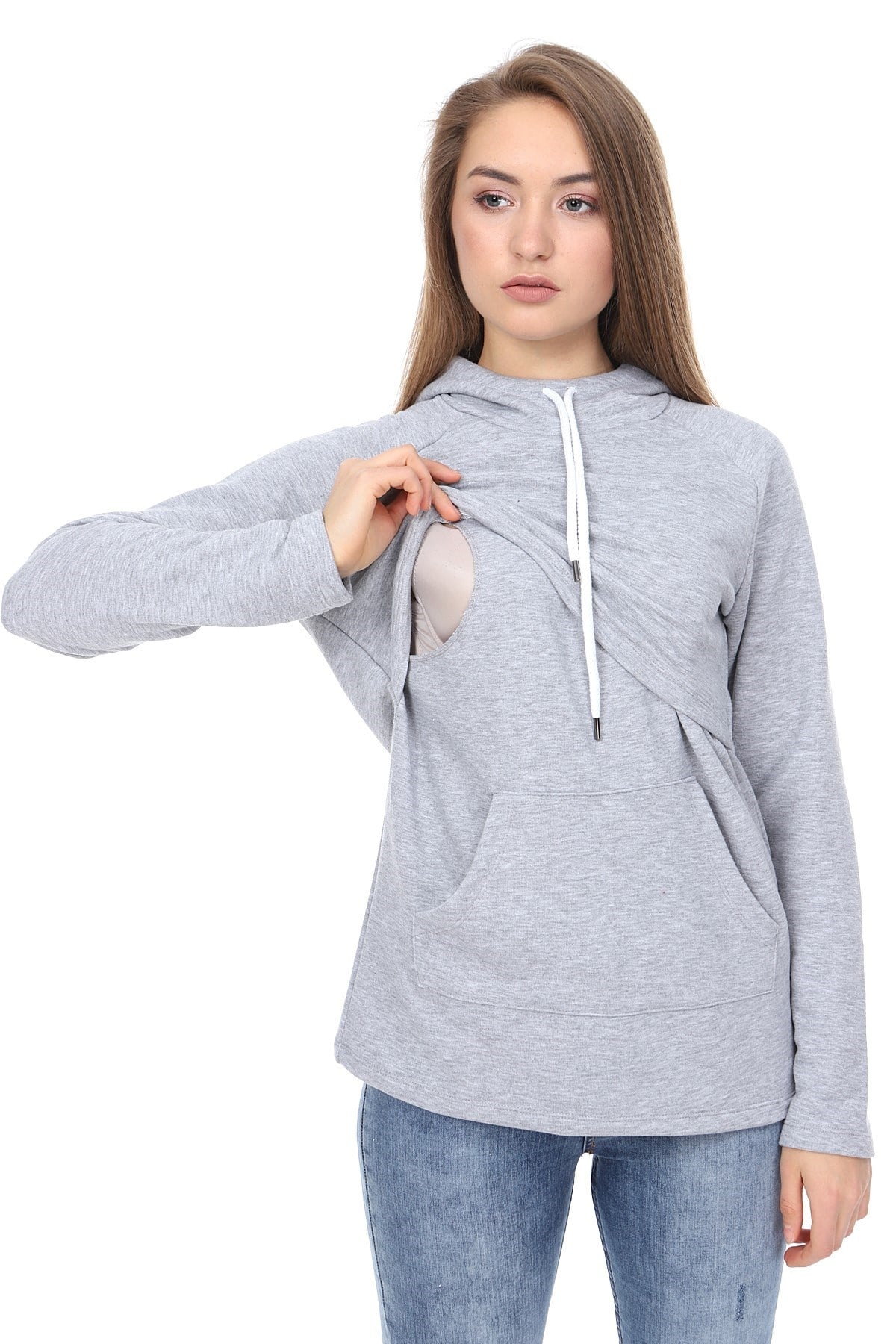 LuvmaBelly MYRA4521 Gri&Gri Parçalı Kapüşonlu ve Cepli Emzirme Sweatshirt