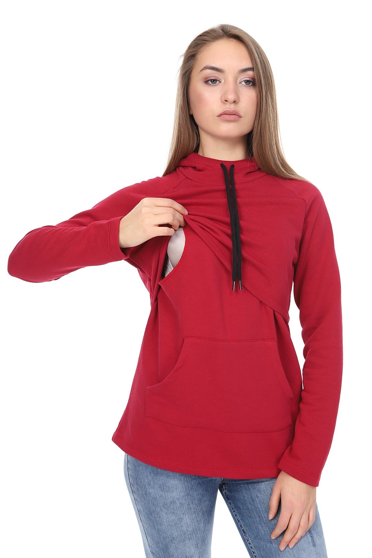 LuvmaBelly MYRA4522 Bordo&Bordo Parçalı Kapüşonlu ve Cepli Emzirme Sweatshirt