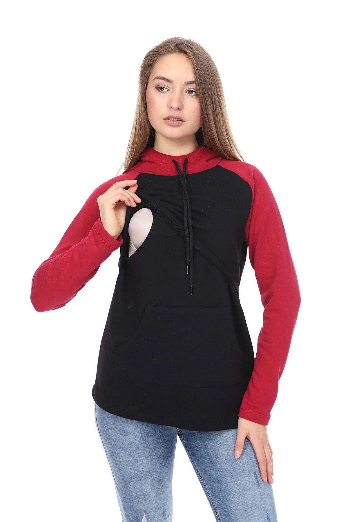LuvmaBelly MYRA4525 Bordo&Siyah Parçalı Kapüşonlu ve Cepli Emzirme Sweatshirt