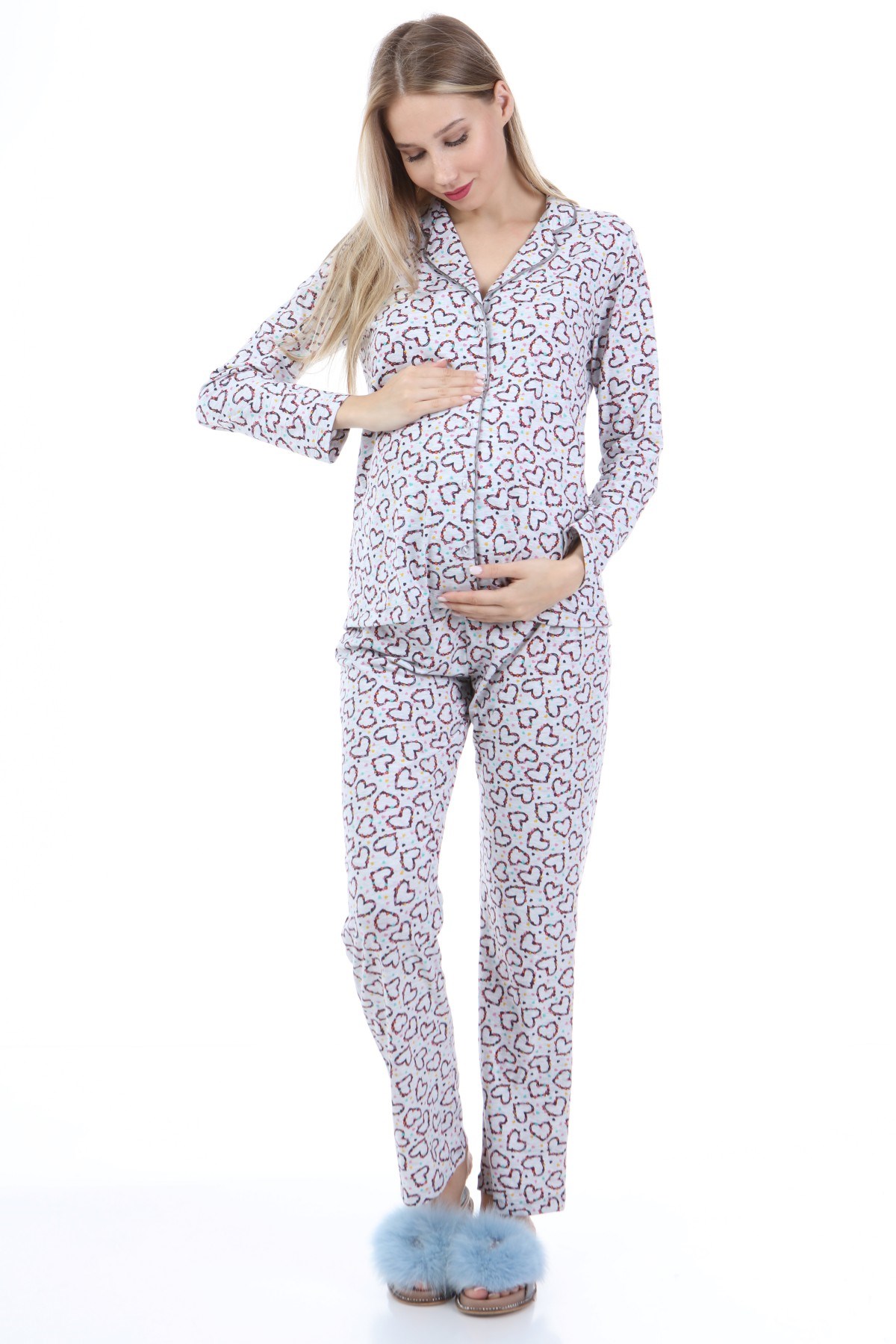 Luvmabelly MYRA9536 Düğmeli Biyeli Hamile Pijama Takımı - Kalpli - Gri