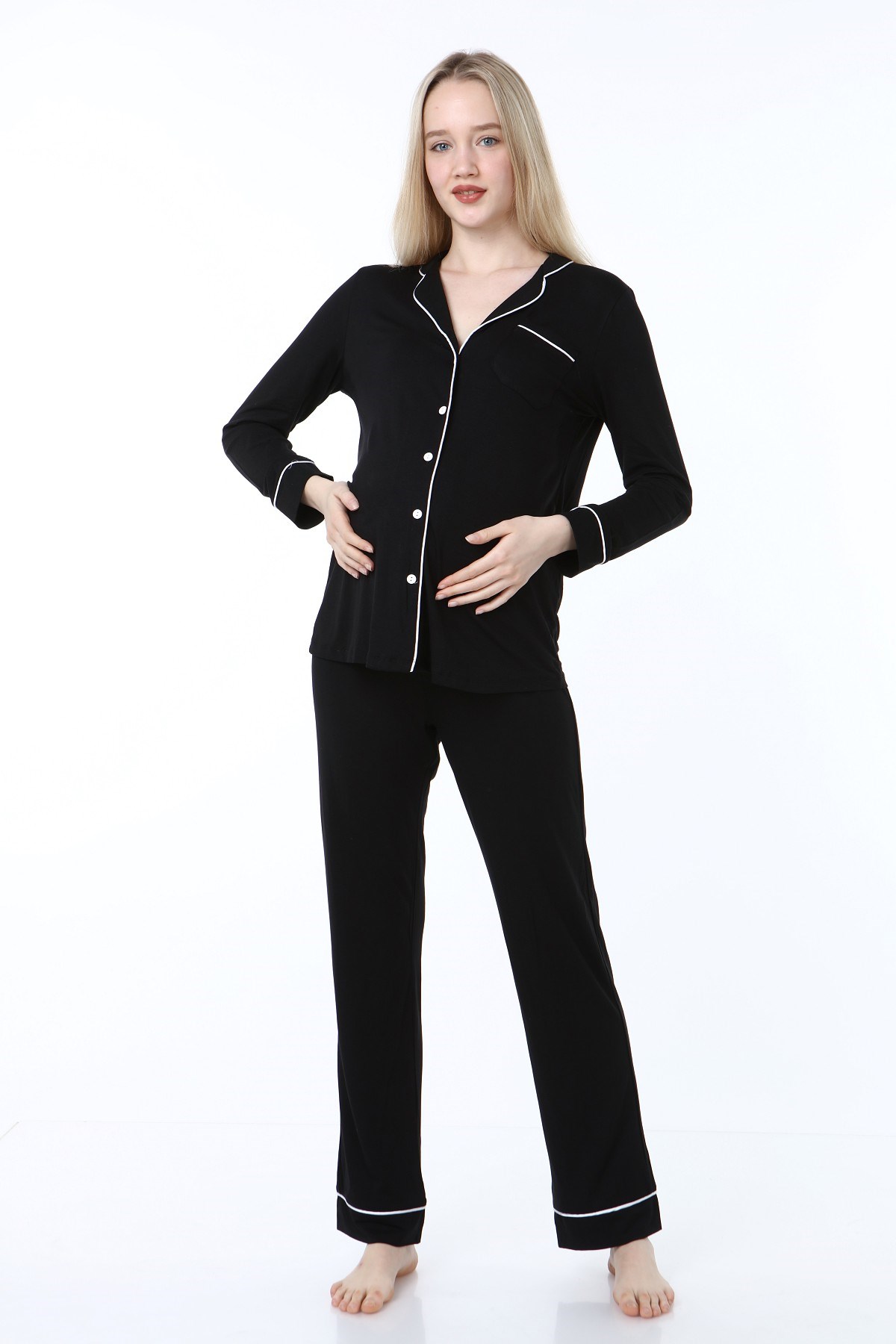 Luvmabelly MYRA9550 Düğmeli Biyeli Hamile Pijama Takımı -Siyah