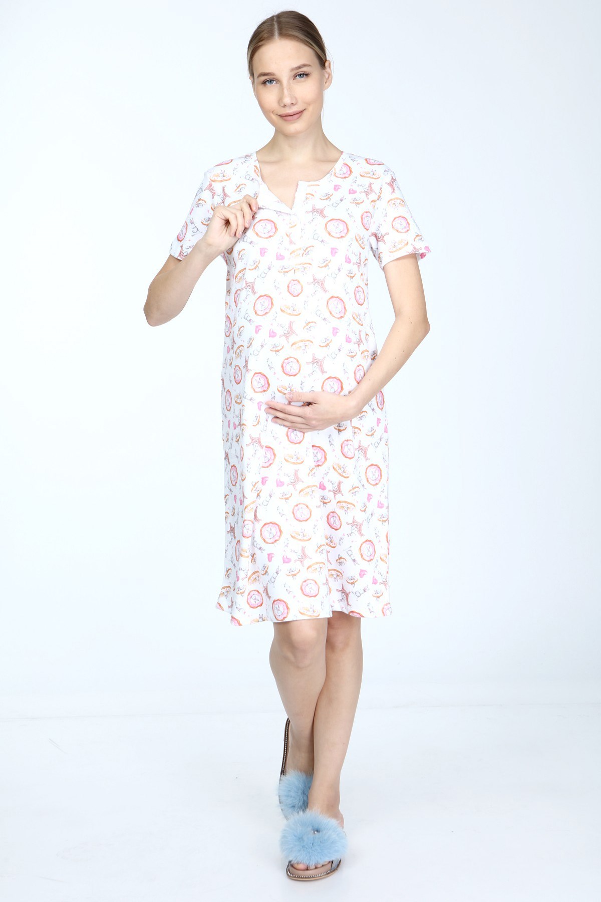 Luvmabelly MYRA9570 Önden Çıt Çıtlı Hamile Geceliği - Tavşanlı - Pembe