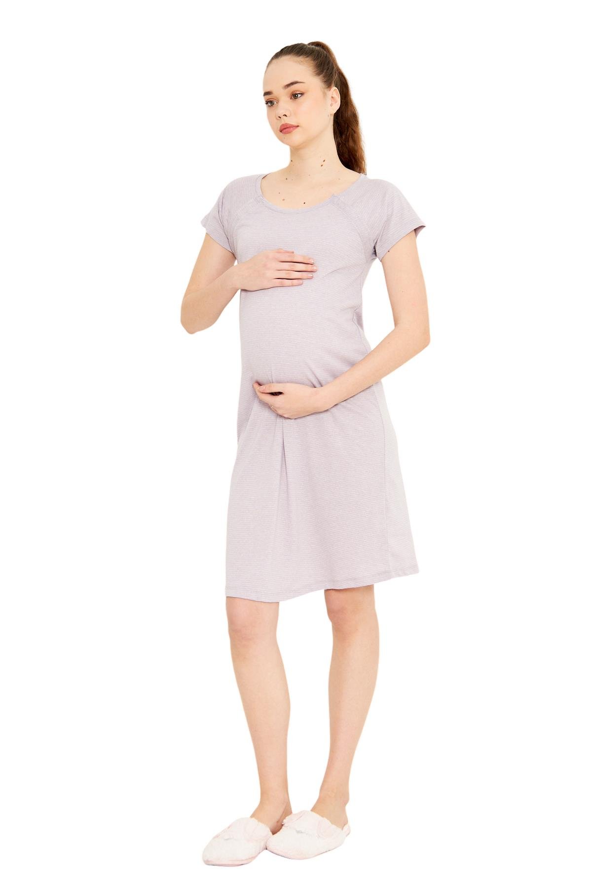 Luvmabelly MYRA9584 Yandan Çıt Çıtlı Hamile Geceliği - Mor Çizgili
